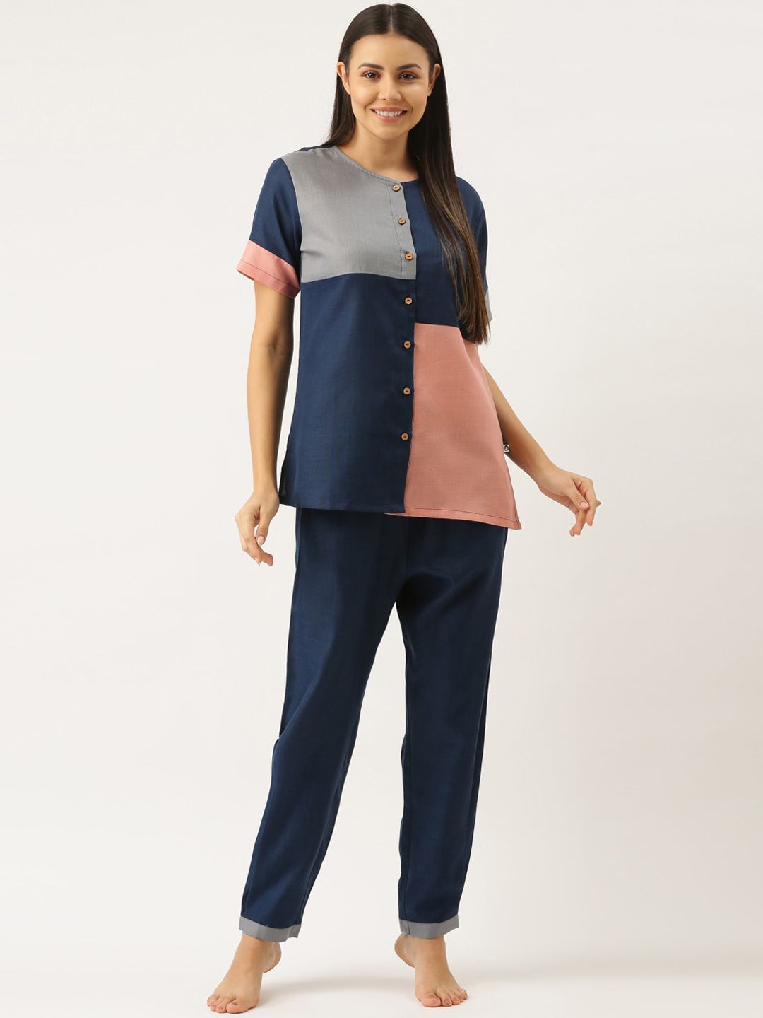 Bannos Swagger Women Blue & Grey Colourblocked Night suit Price in India