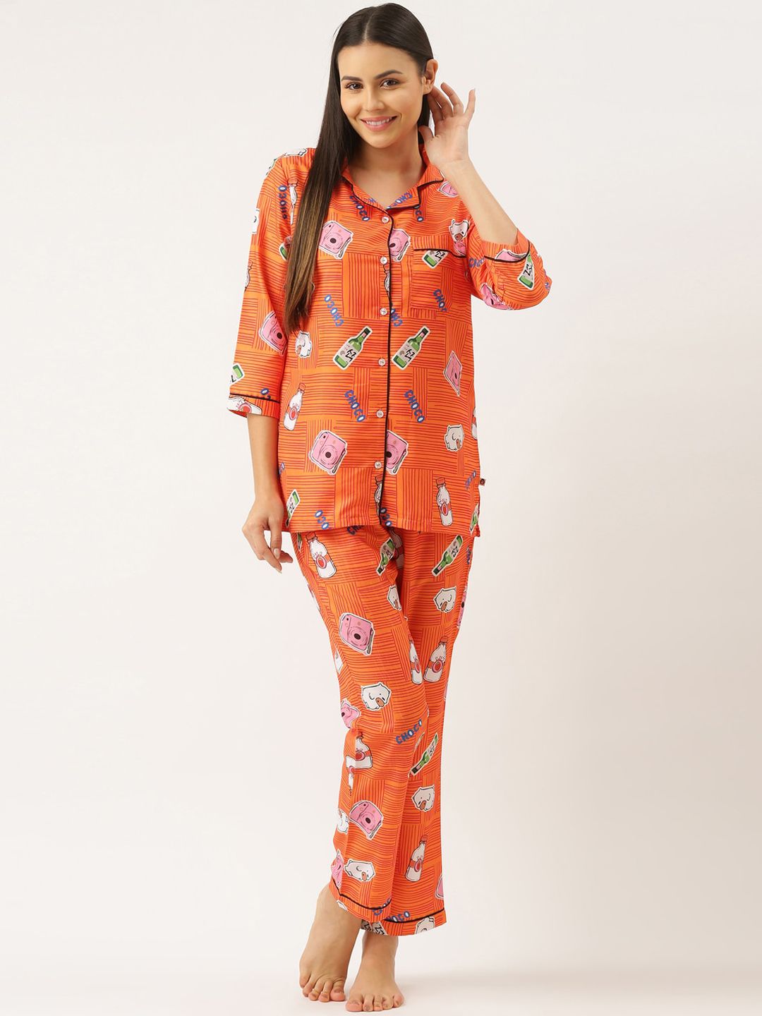 Bannos Swagger Women Orange & Pink Printed Night suit Price in India