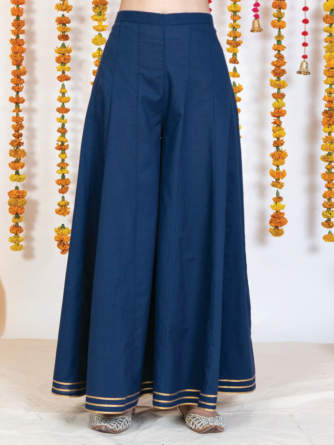 AKISO Women Blue & Gold-Toned Flared Ethnic Palazzos Price in India