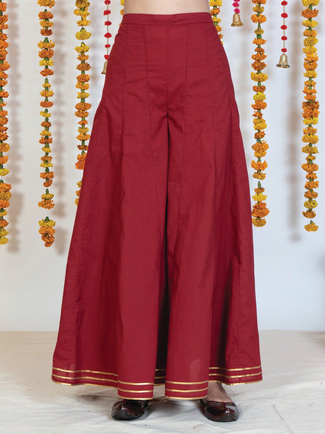 AKISO Women Red & Gold-Toned Flared Ethnic Palazzos Price in India