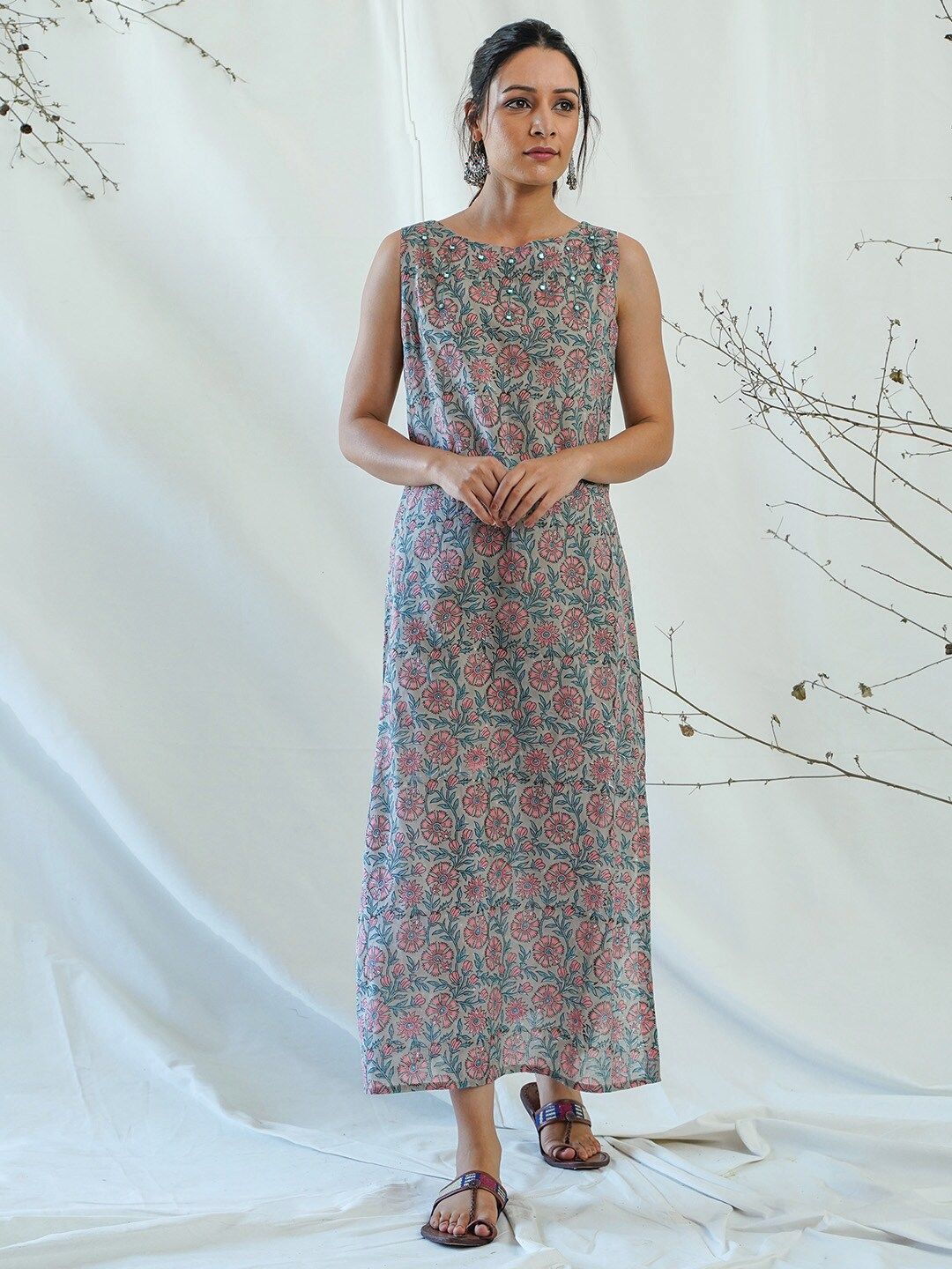 AKISO Women Grey Cotton Floral Maxi Dress Price in India