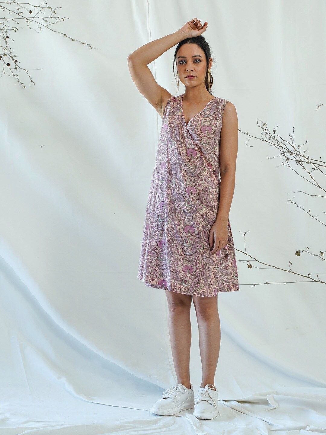 AKISO Women Peach-Coloured Floral Cotton Wrap Dress Price in India