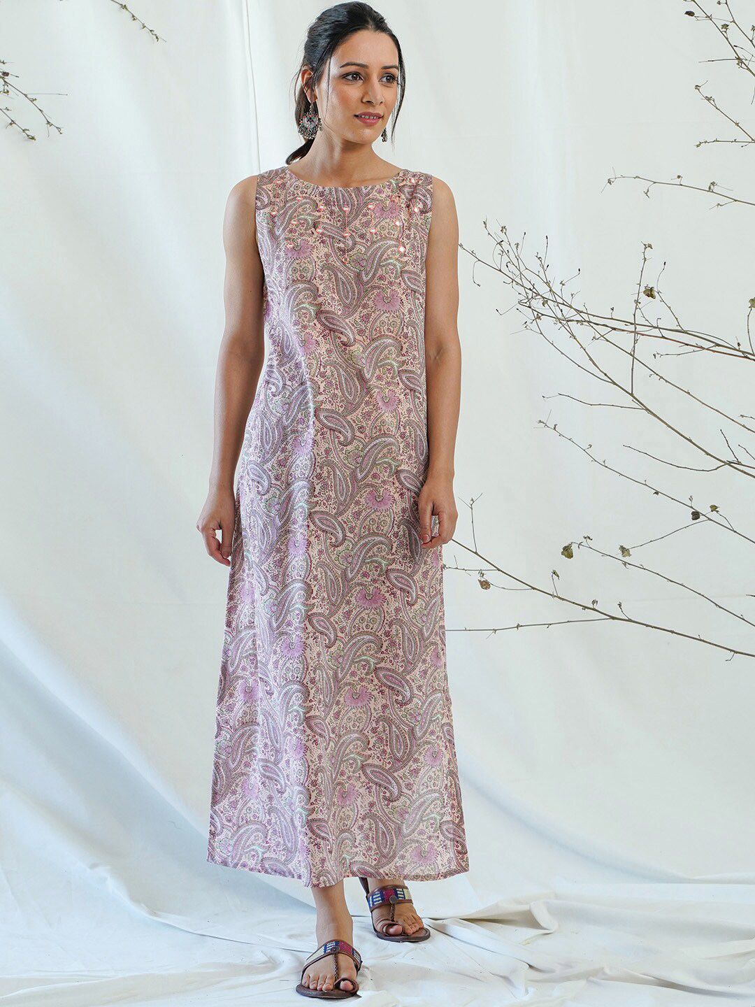 AKISO Women Peach-Coloured Floral Cotton Maxi Dress Price in India