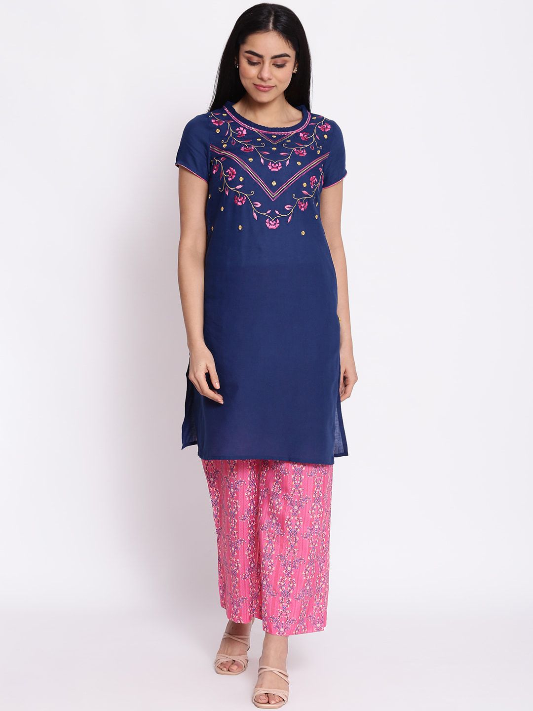 AURELIA Women Blue & Pink Ethnic Motifs Yoke Design Thread Work Kurta with Palazzos Price in India