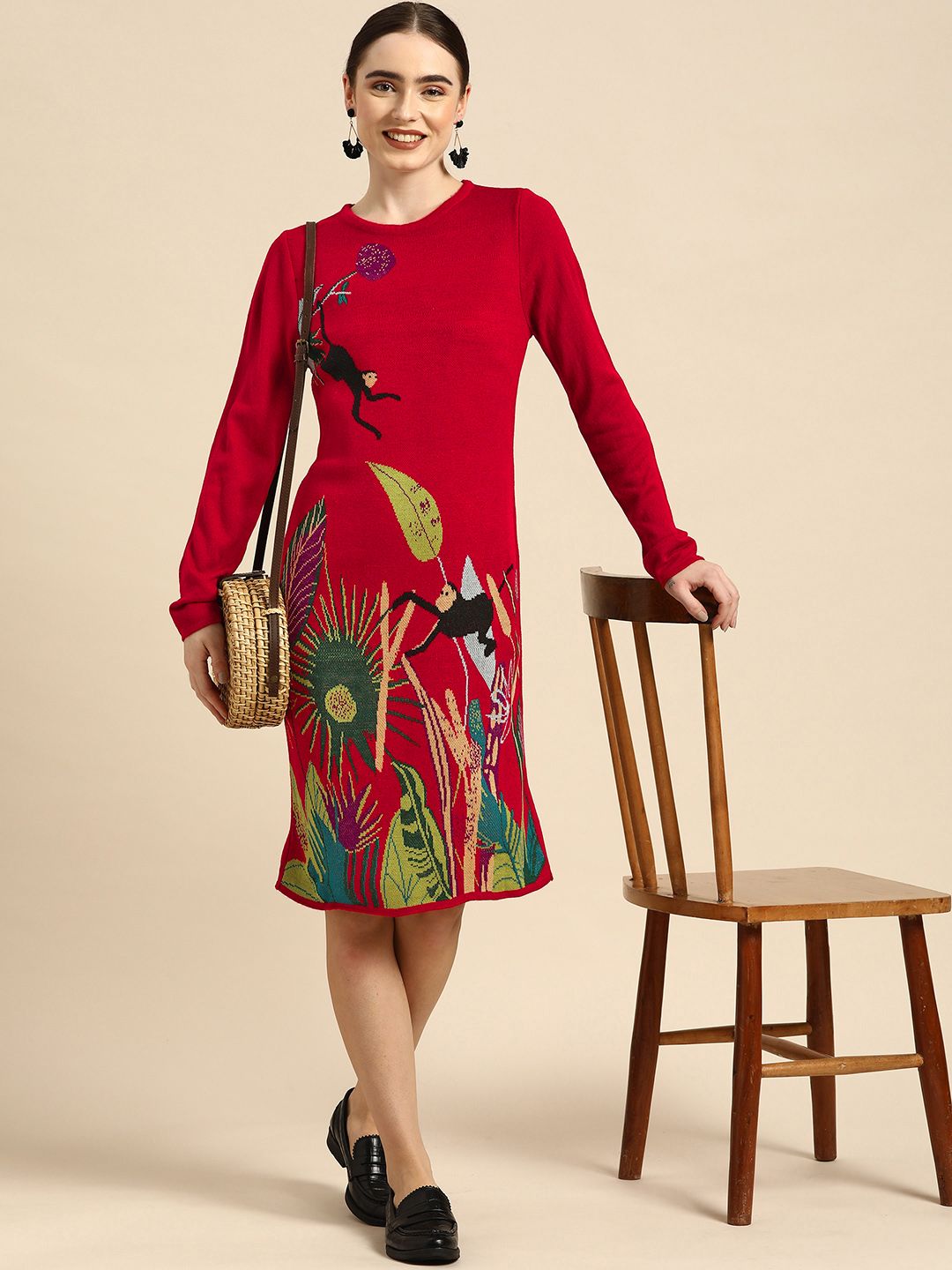 Sangria Red Acrylic Self-Design Sweater Dress Price in India