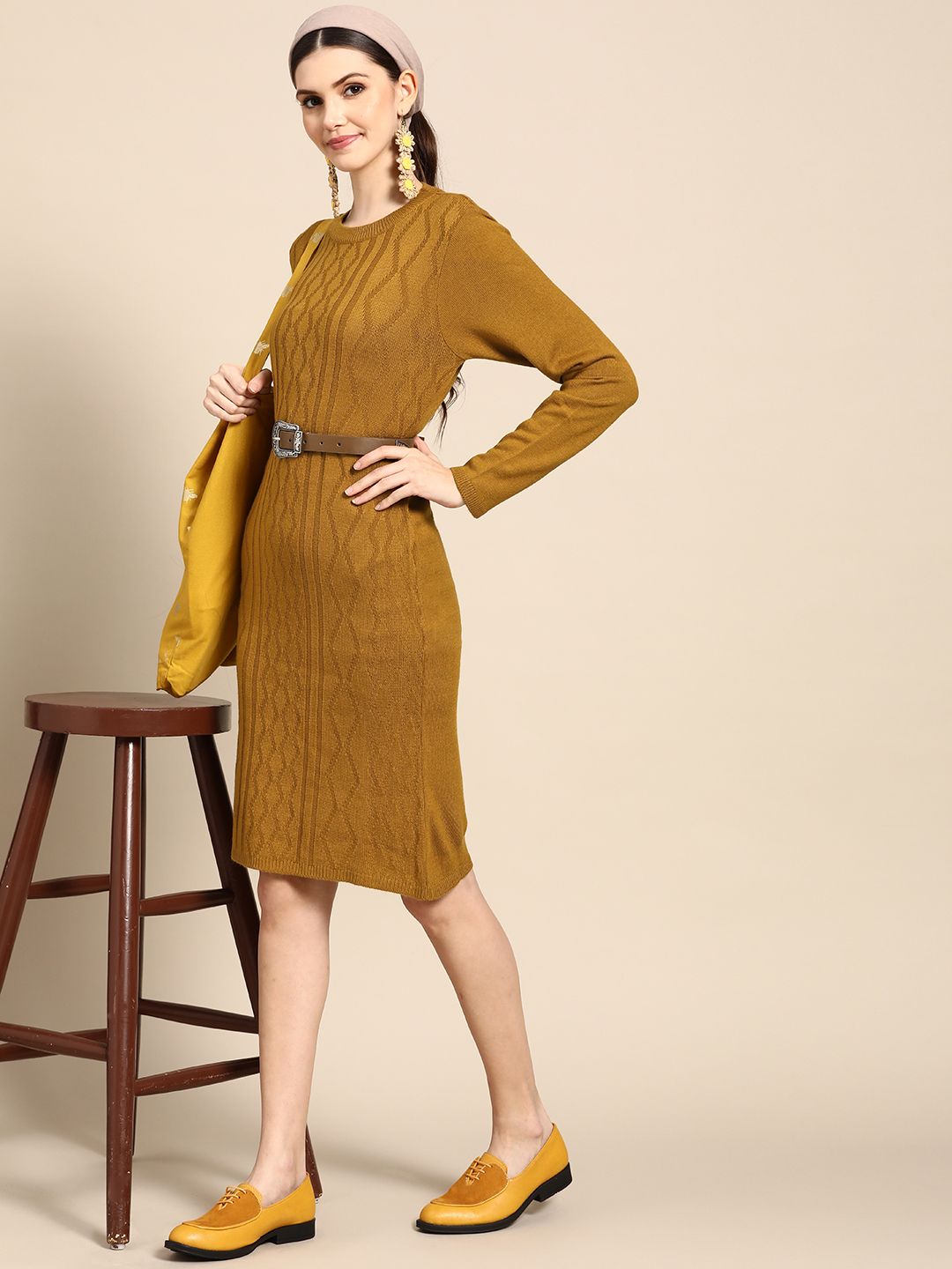 Sangria Mustard Yellow Ethnic Sheath Sweater Dress Price in India