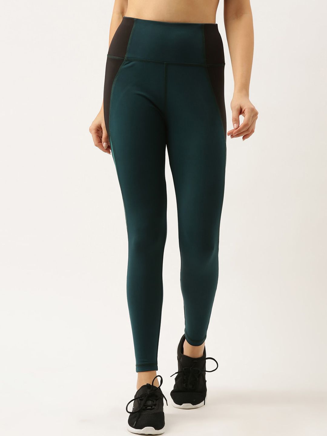 Bannos Swagger Women Teal Green & Black Colourblocked Tights Price in India