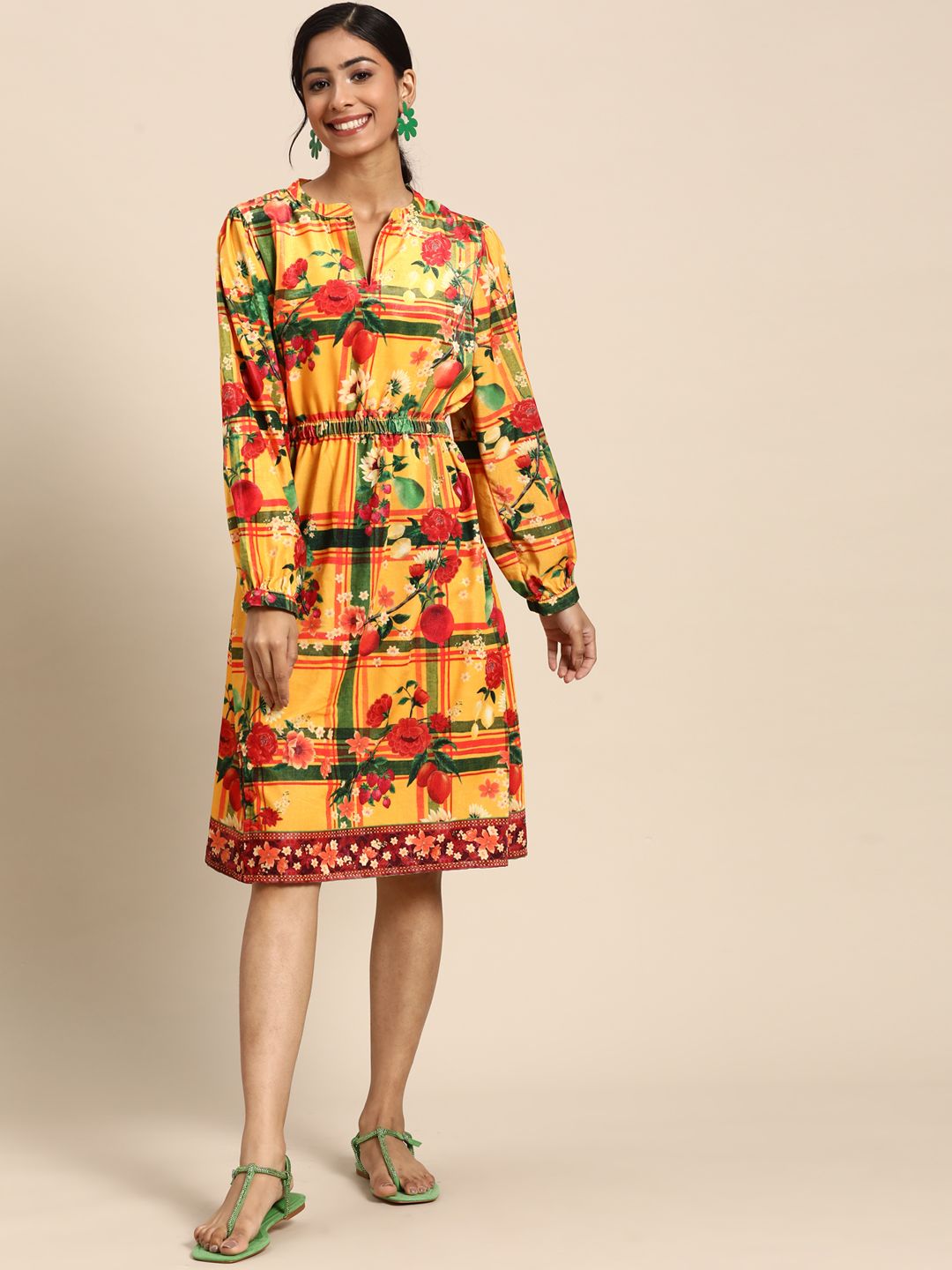 Sangria Mustard Yellow & Green Floral A-Line Dress Price in India