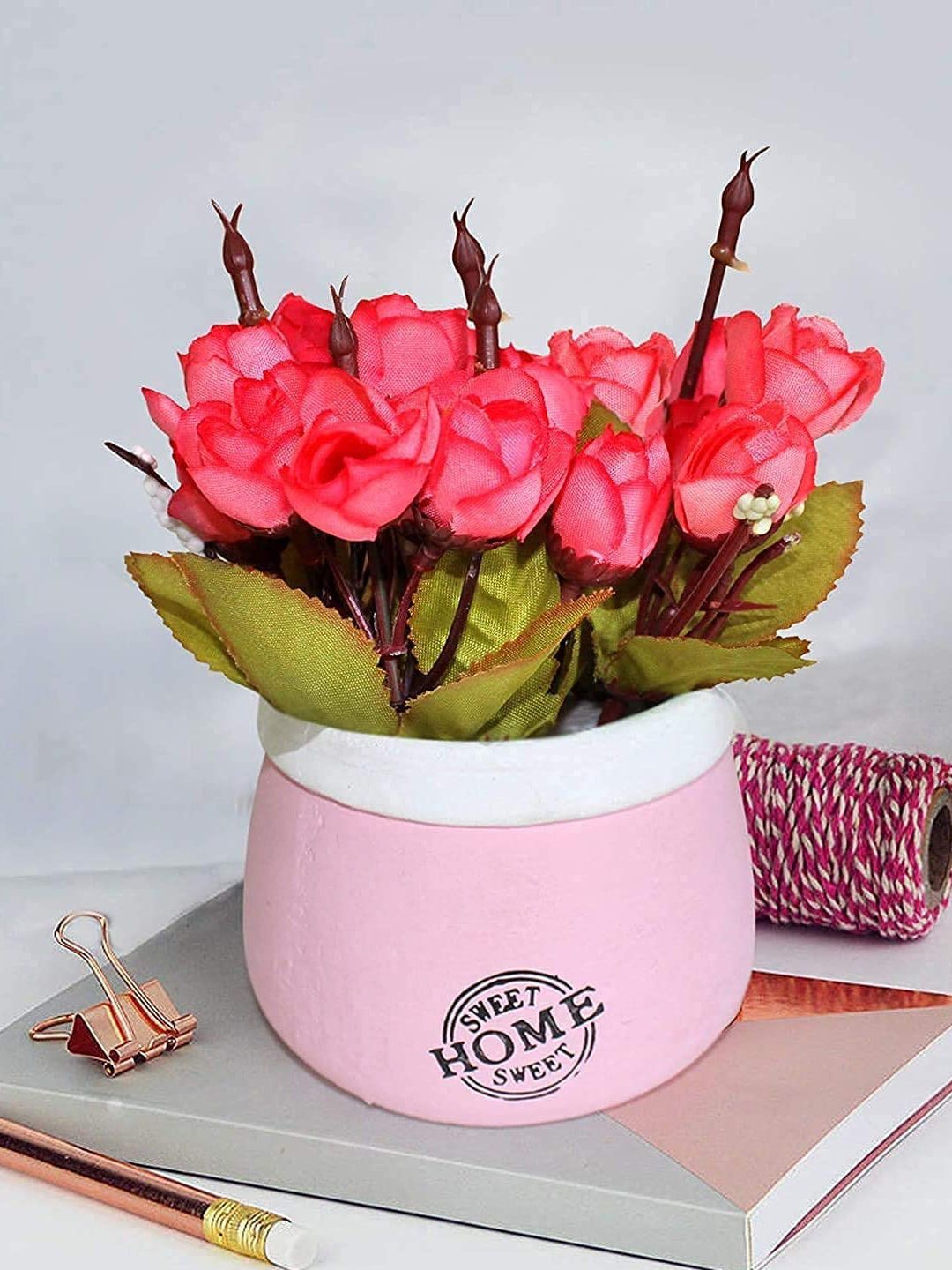 TIED RIBBONS Pink & Green Artificial Peony Flower Bunch With Pot Price in India