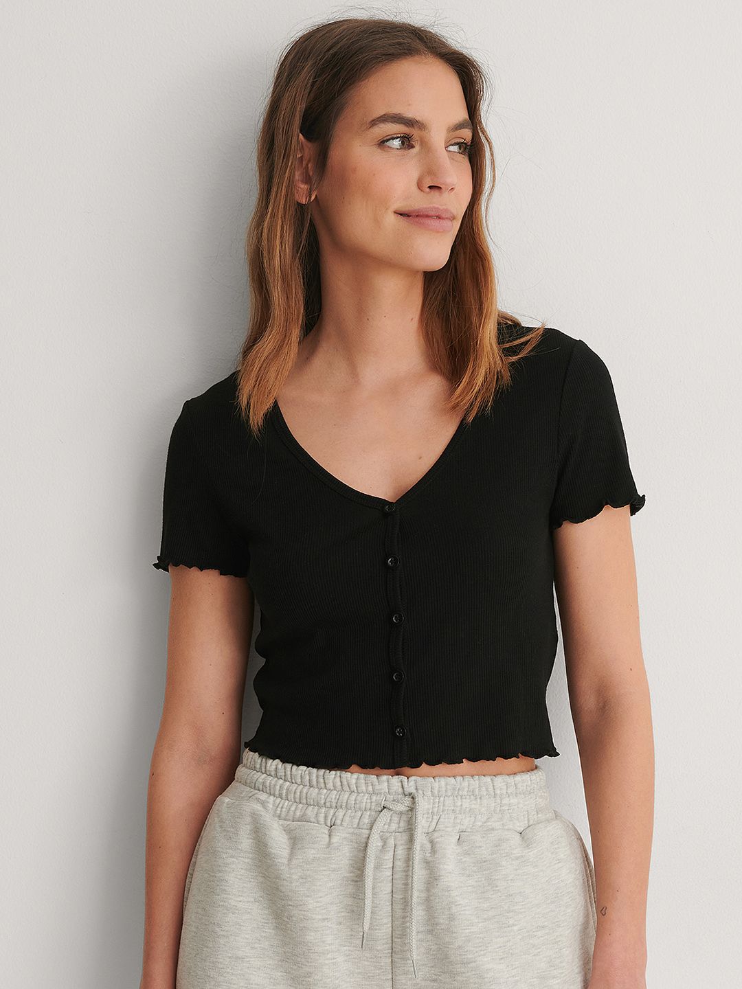 NA-KD Women Black Ribbed Top
