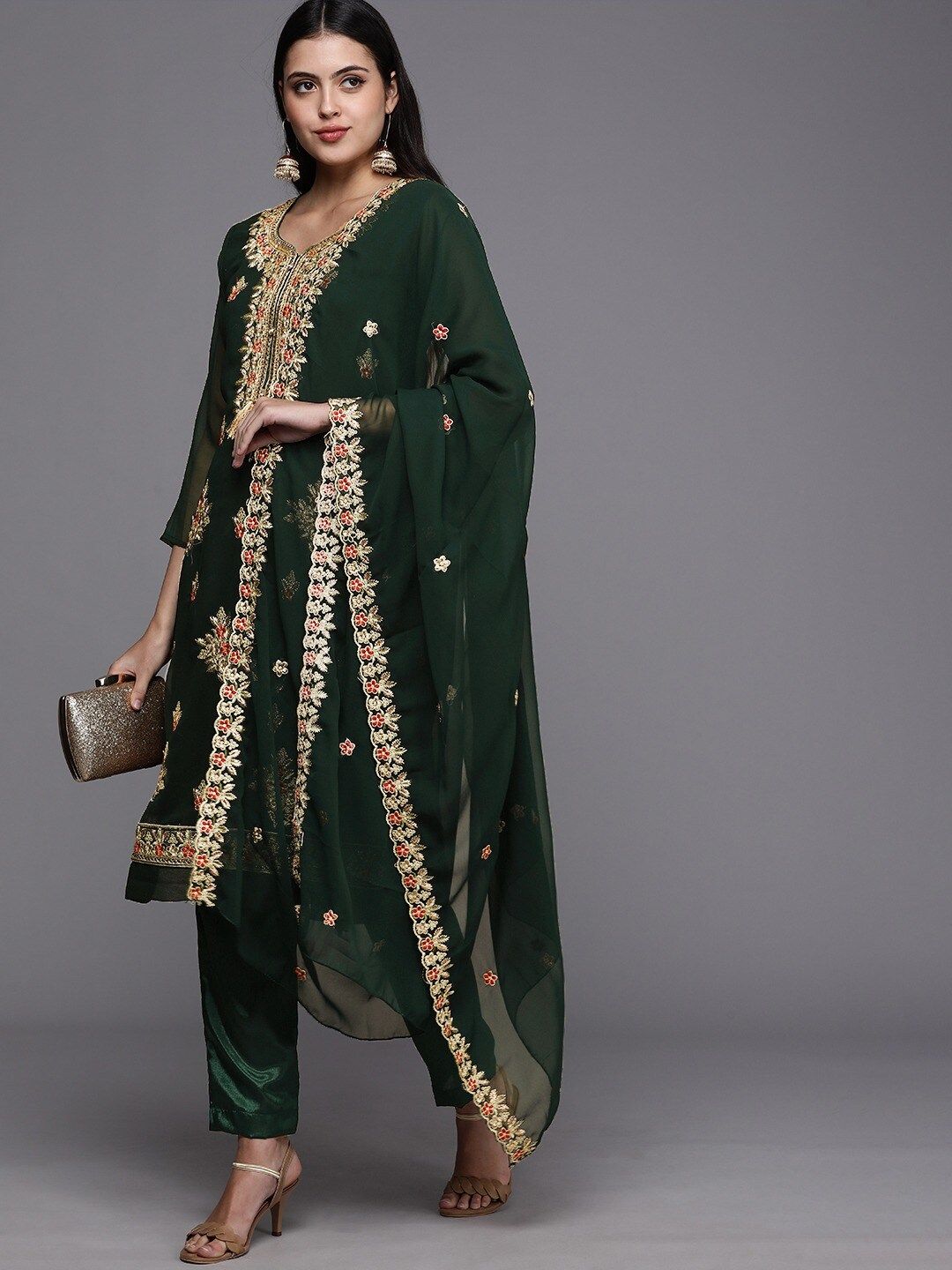 KALINI Green & Gold-Toned Embroidered Unstitched Dress Material Price in India
