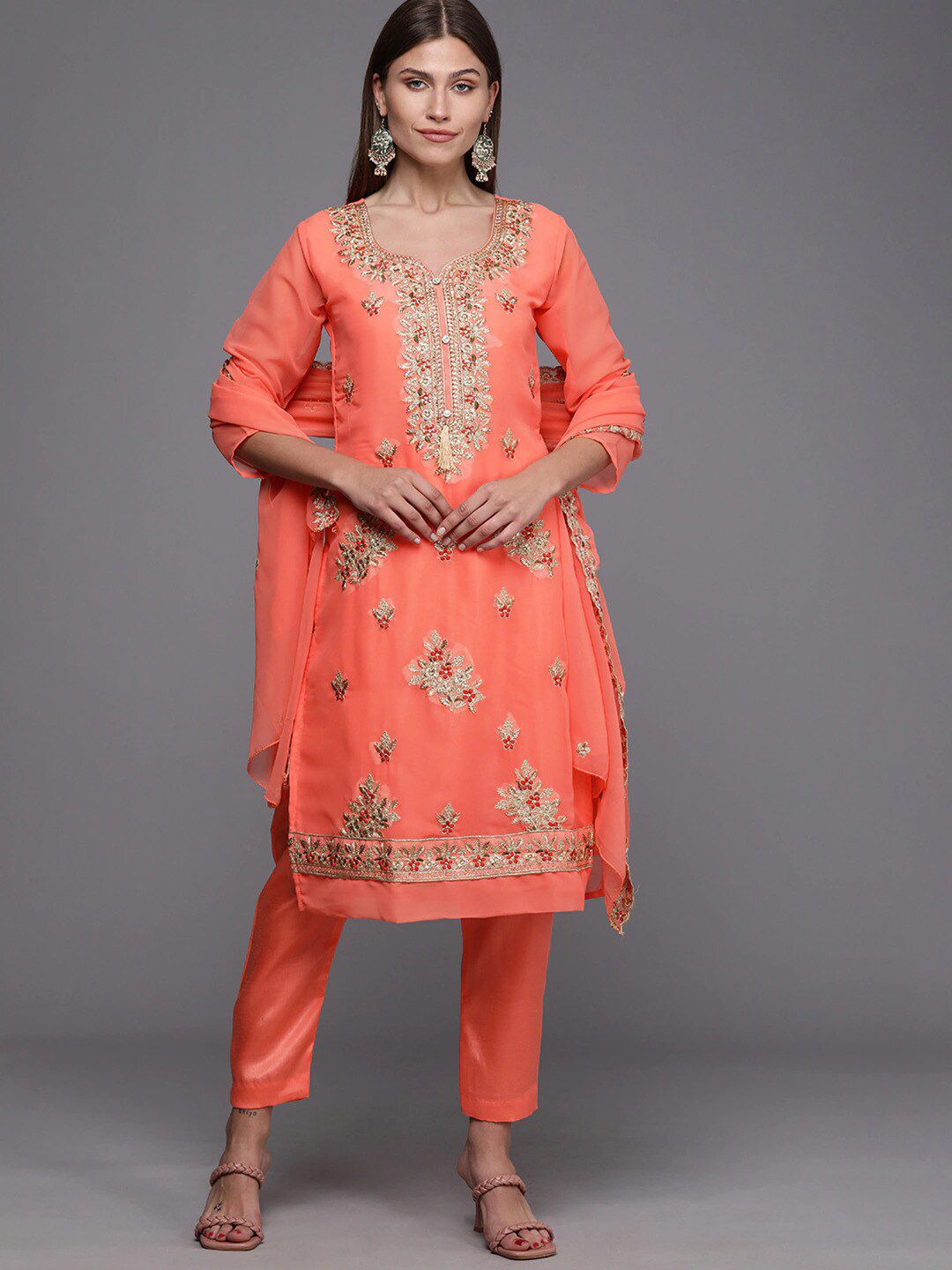 KALINI Peach-Coloured & Gold-Toned Embroidered Unstitched Dress Material Price in India