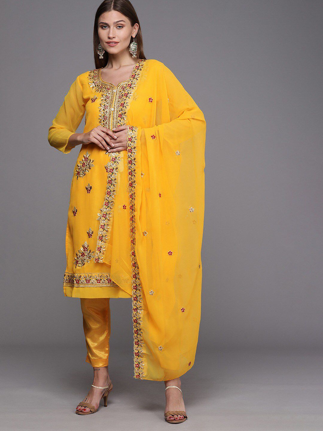 KALINI Yellow & Red Embroidered Unstitched Dress Material Price in India