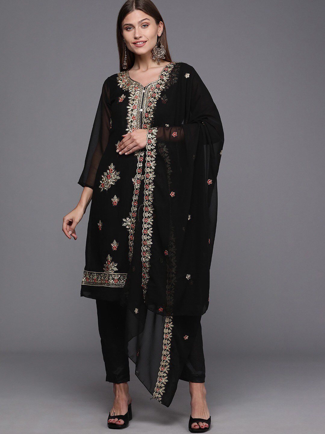 KALINI Black & Red Embroidered Unstitched Dress Material Price in India