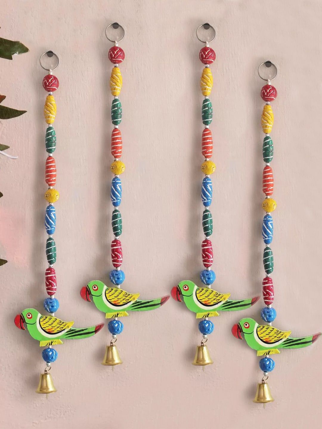 TIED RIBBONS Green& Red Set of 4 Parrot Bamboo-Wood Wall Door Hangings Toran Latkan Price in India