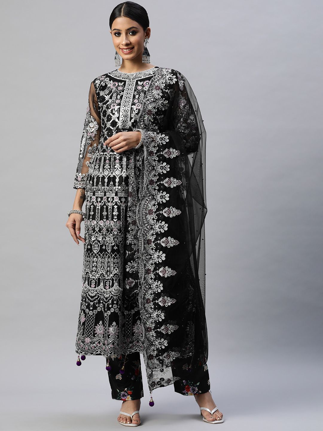 Readiprint Fashions Black & Purple Embroidered Unstitched Dress Material Price in India