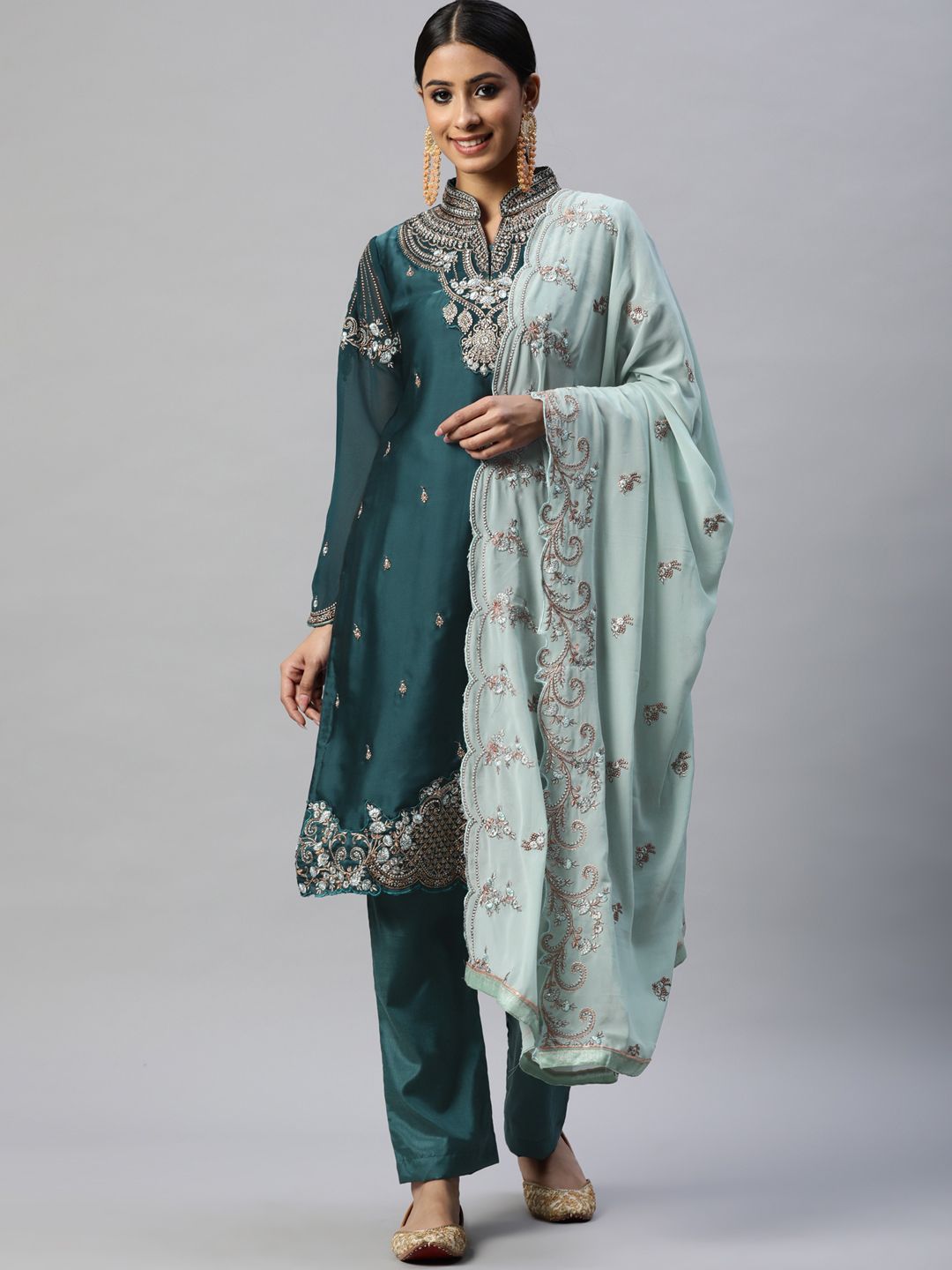 Readiprint Fashions Green & Blue Embroidered Unstitched Dress Material Price in India