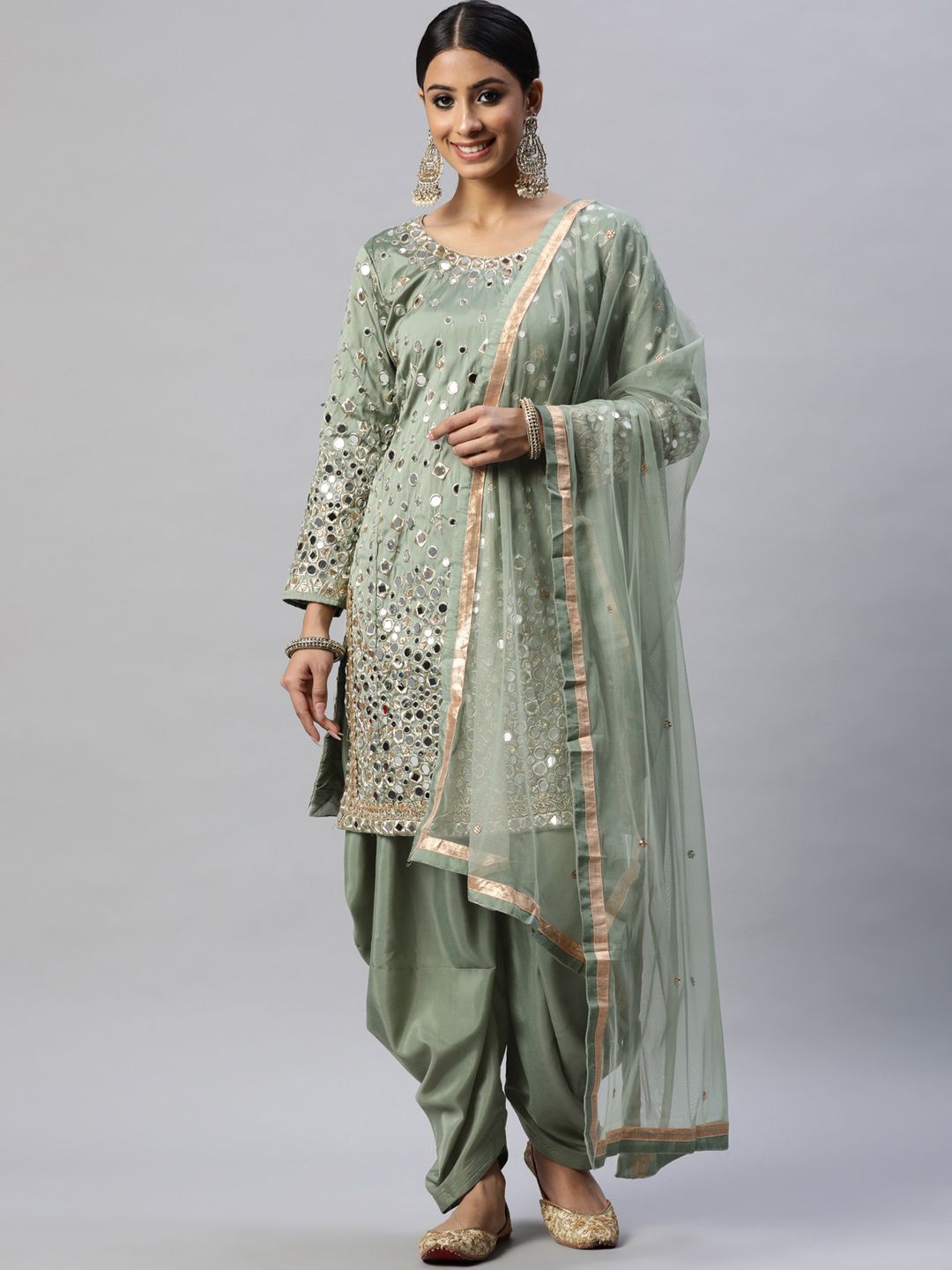 Readiprint Fashions Green & Golden Embroidered Semi-Stitched Dress Material Price in India