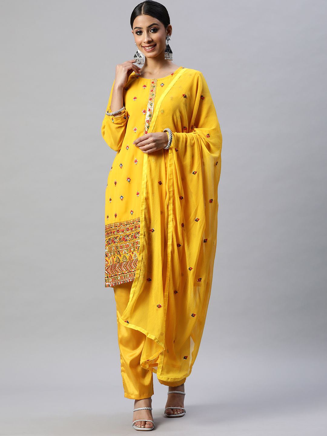 Readiprint Fashions Mustard Yellow & Red Embroidered Unstitched Dress Material Price in India