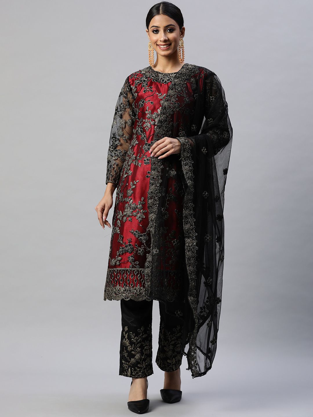 Readiprint Fashions Black & Red Embroidered Unstitched Dress Material Price in India