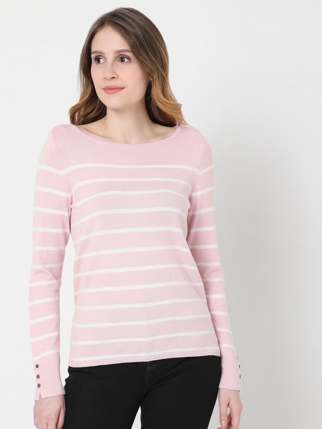 Vero Moda Women Pink & White Striped Pullover Price in India