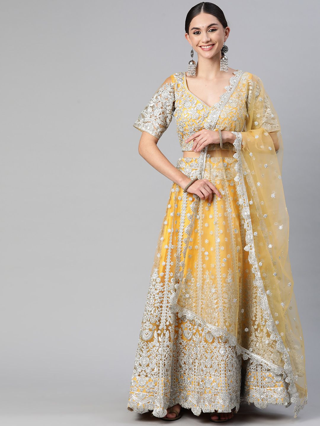 Readiprint Fashions Mustard Yellow & Silver Unstitched Lehenga & Blouse With Dupatta Price in India