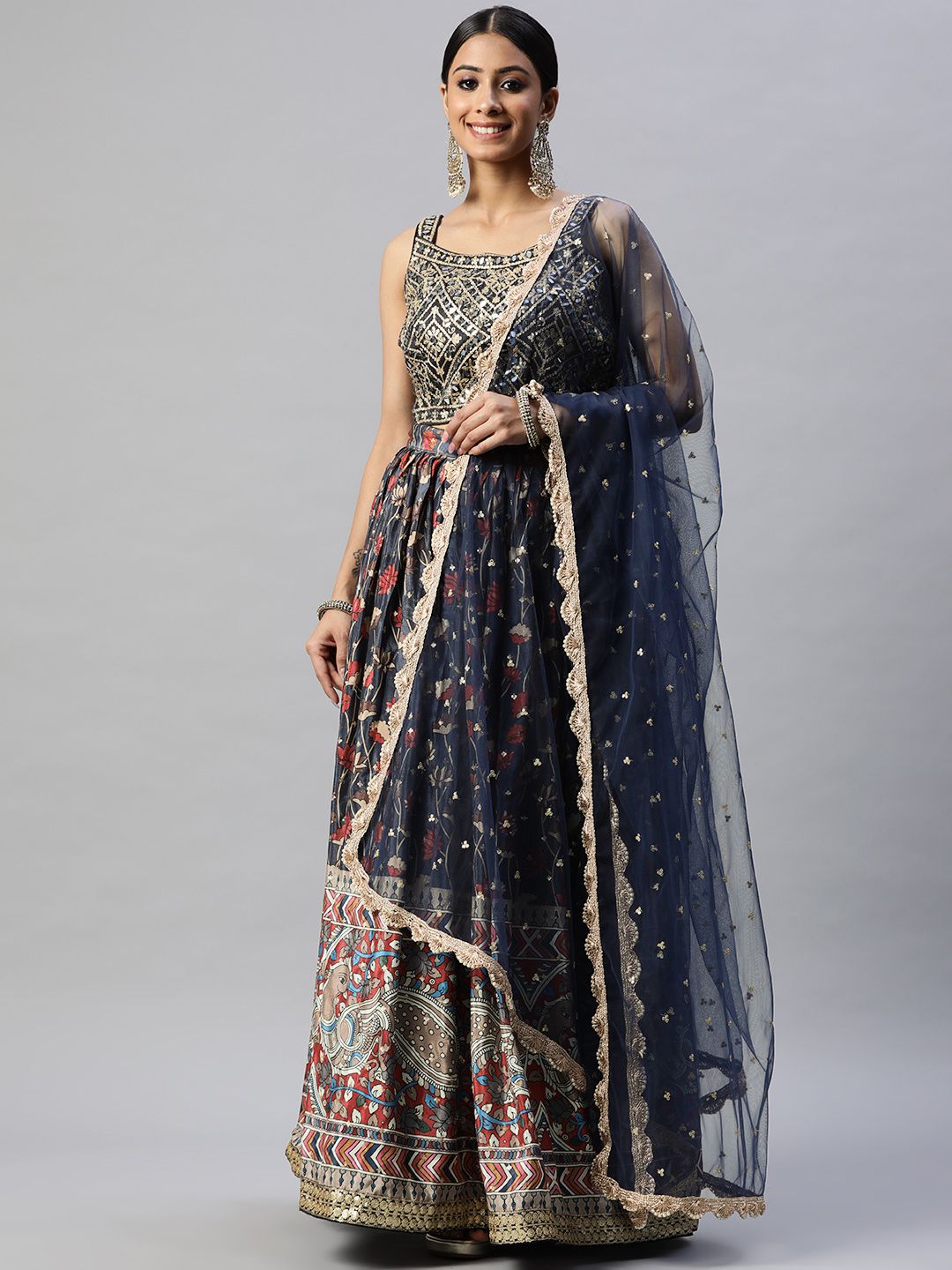 Readiprint Fashions Navy Blue & Golden Sequinned Unstitched Lehenga & Blouse With Dupatta Price in India