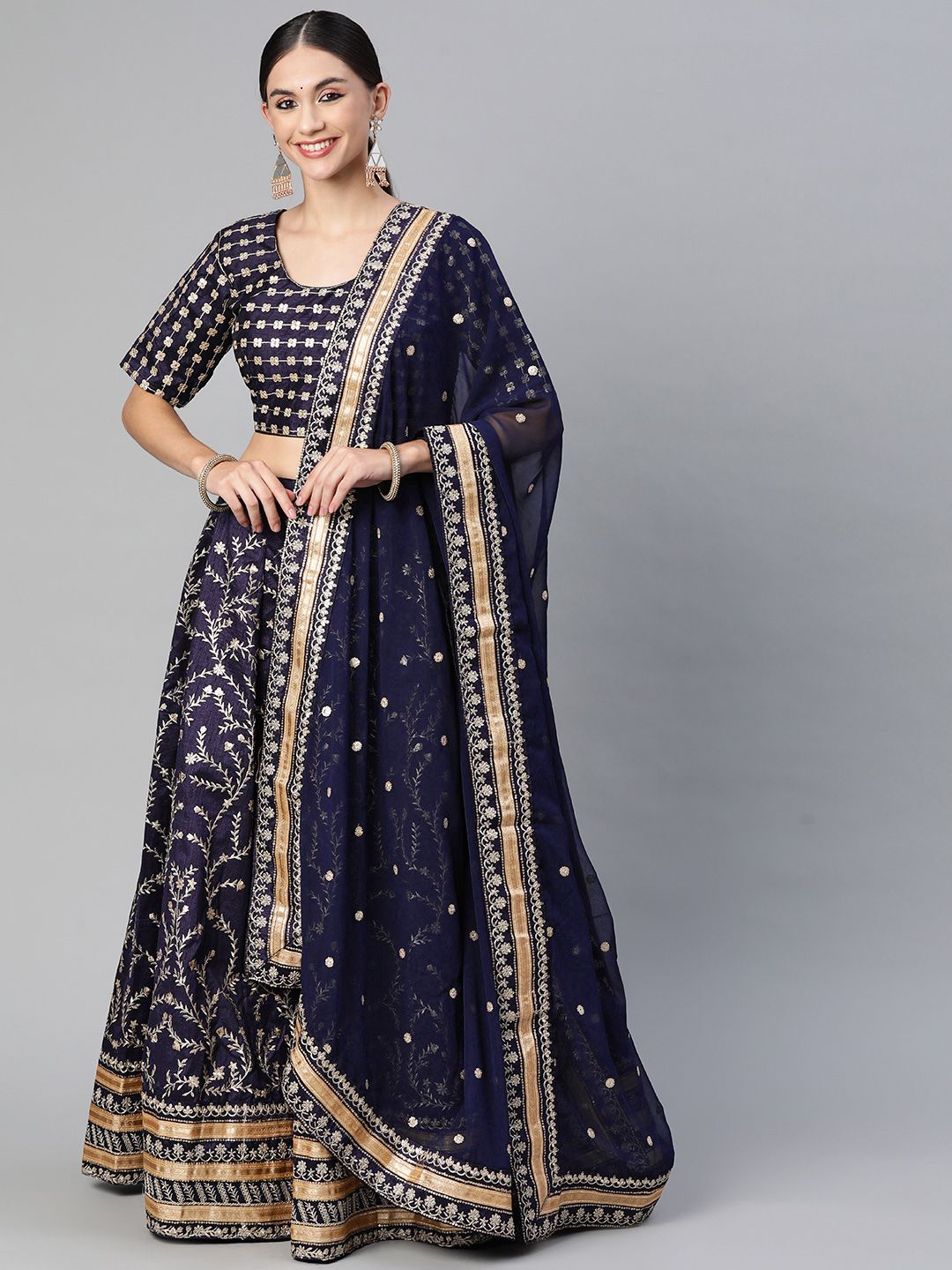 Readiprint Fashions Navy Blue Embroidered Unstitched Lehenga & Blouse With Dupatta Price in India