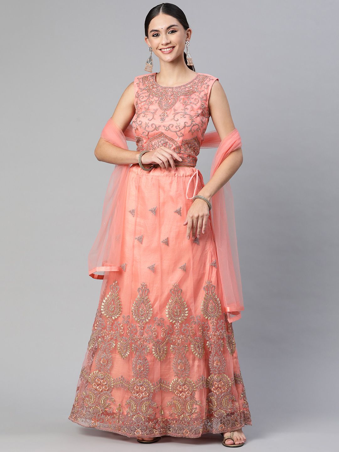 Readiprint Fashions Peach-Coloured & Golden Embroidered Unstitched Lehenga & Blouse With Price in India