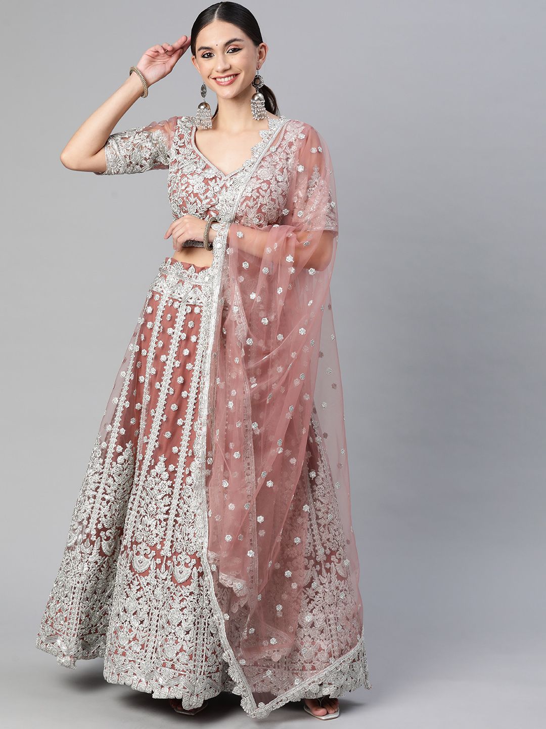 Readiprint Fashions Mauve & Silver Embroidered Unstitched Lehenga & Blouse With Price in India