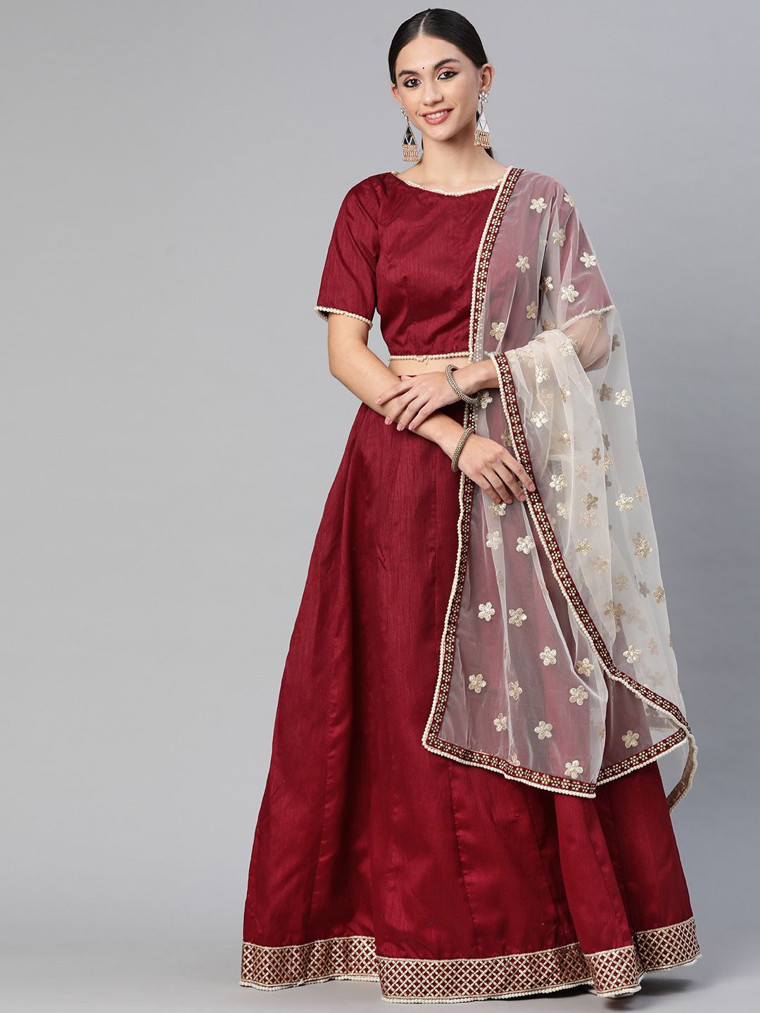 Readiprint Fashions Maroon & White Unstitched Lehenga & Blouse With Dupatta Price in India