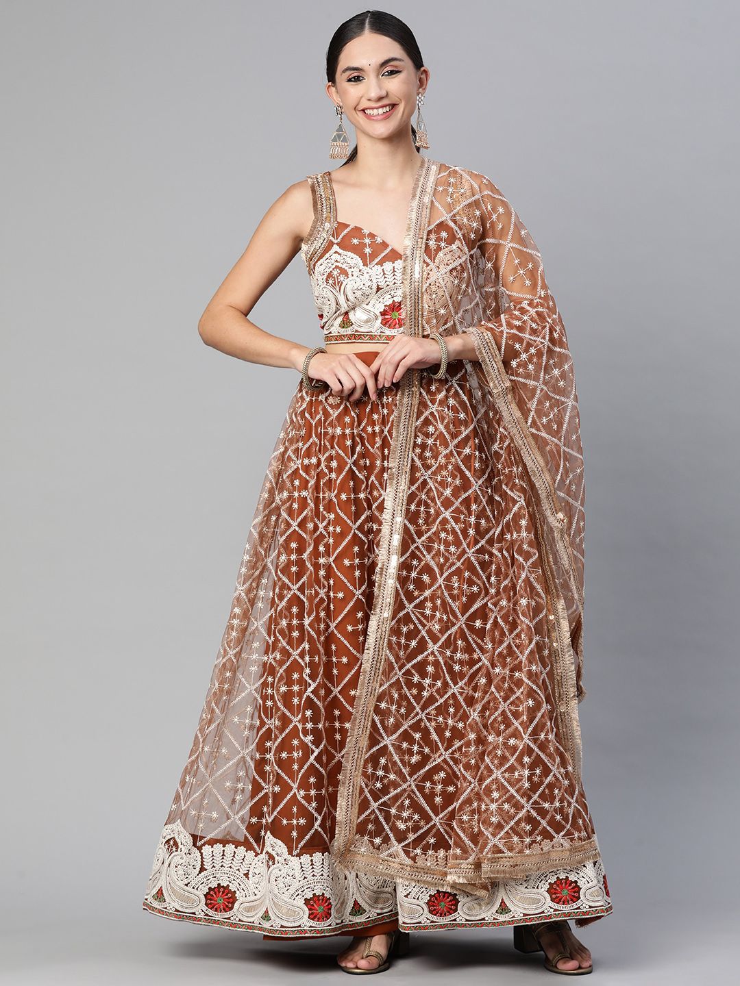 Readiprint Fashions Brown Embroidered Sequinned Unstitched Lehenga & Blouse With Dupatta Price in India