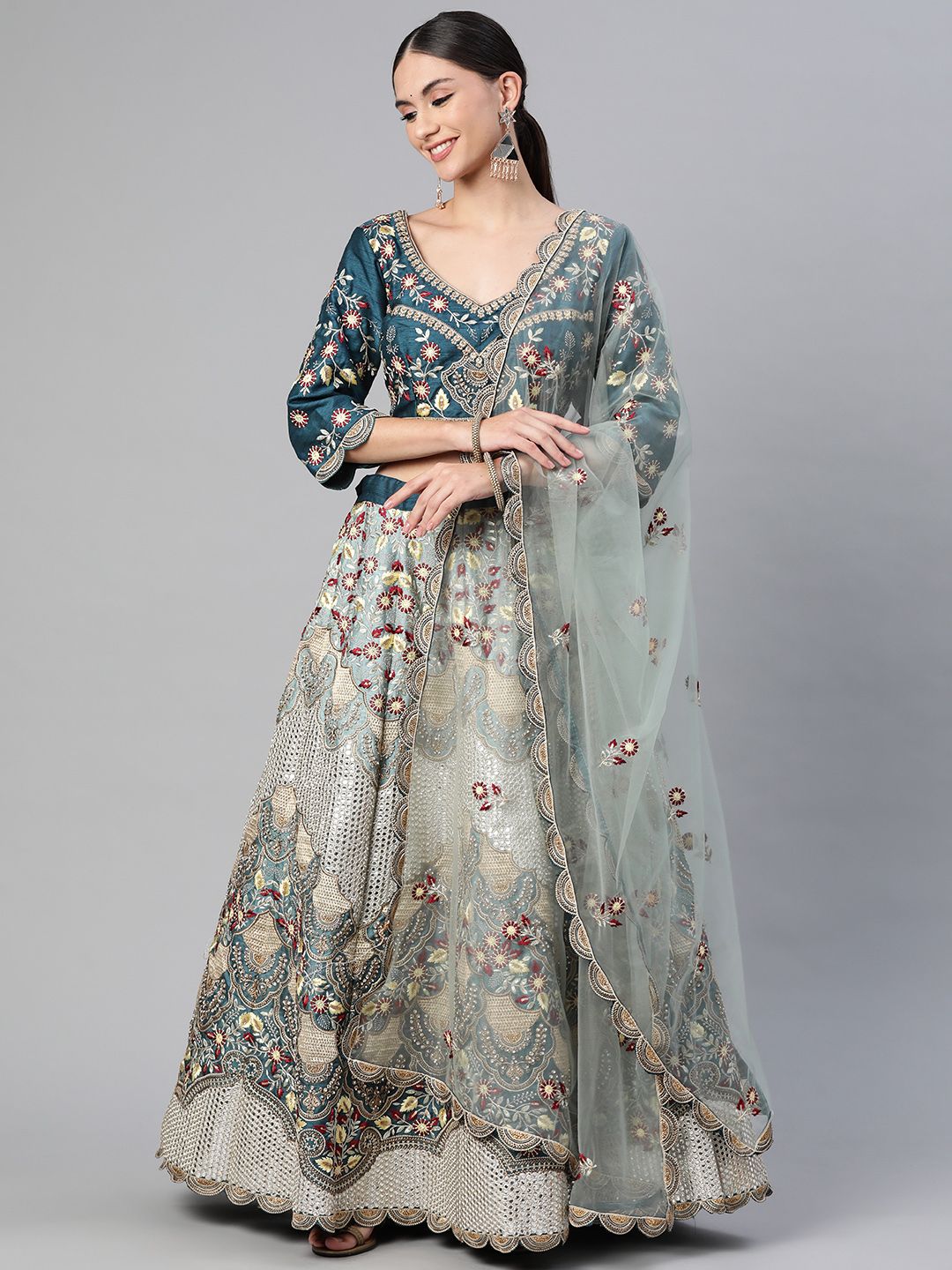 Readiprint Fashions Blue & Golden Embroidered Unstitched Lehenga & Blouse With Dupatta Price in India