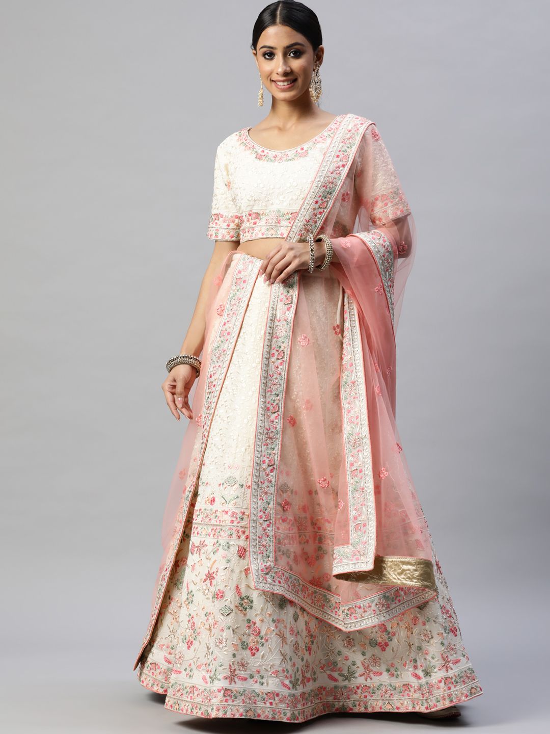 Readiprint Fashions Off-White & Peach-Coloured Unstitched Lehenga & Blouse & Dupatta Price in India