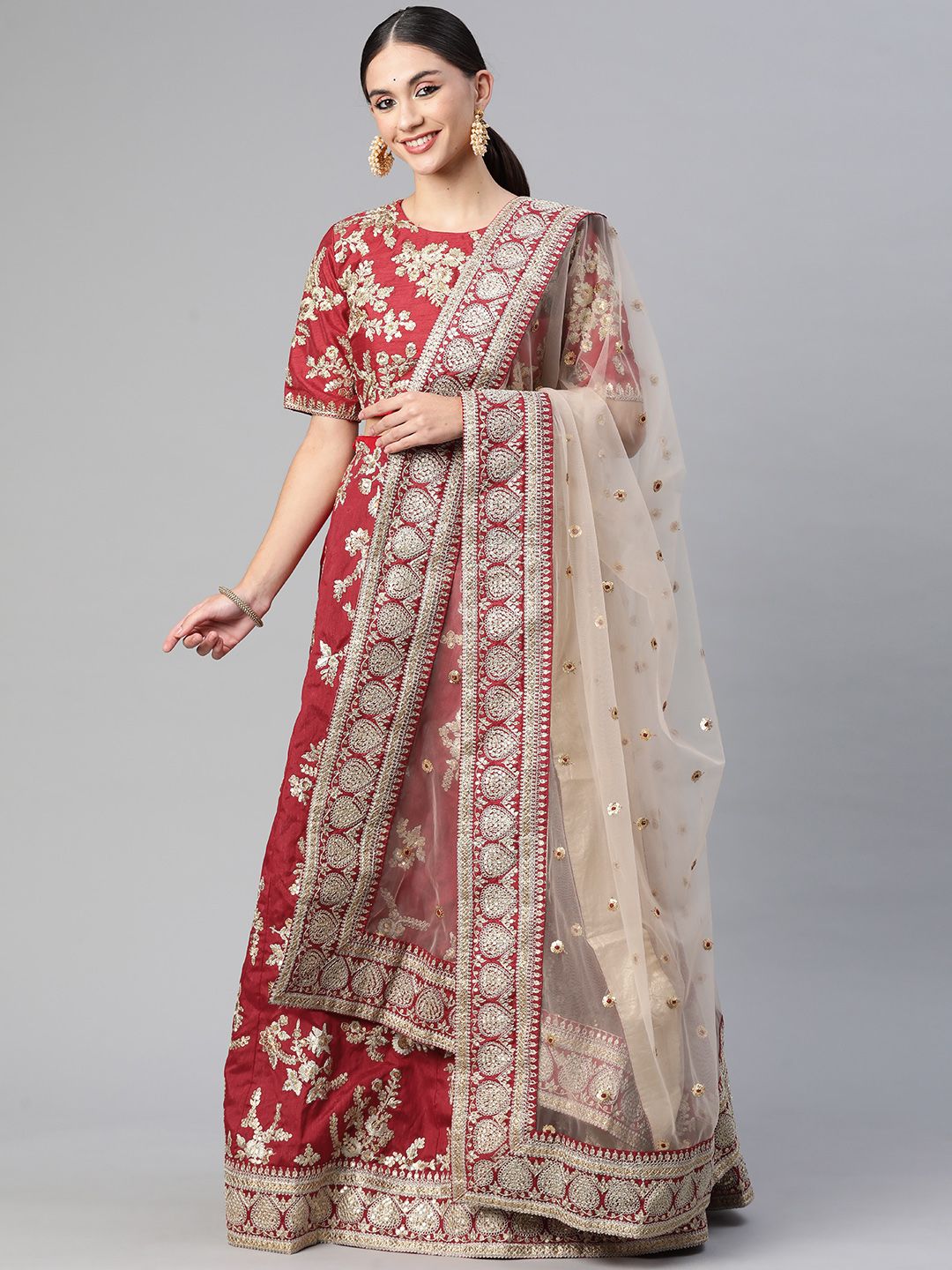 Readiprint Fashions Red & Golden Embroidered Unstitched Lehenga & Blouse With Dupatta Price in India