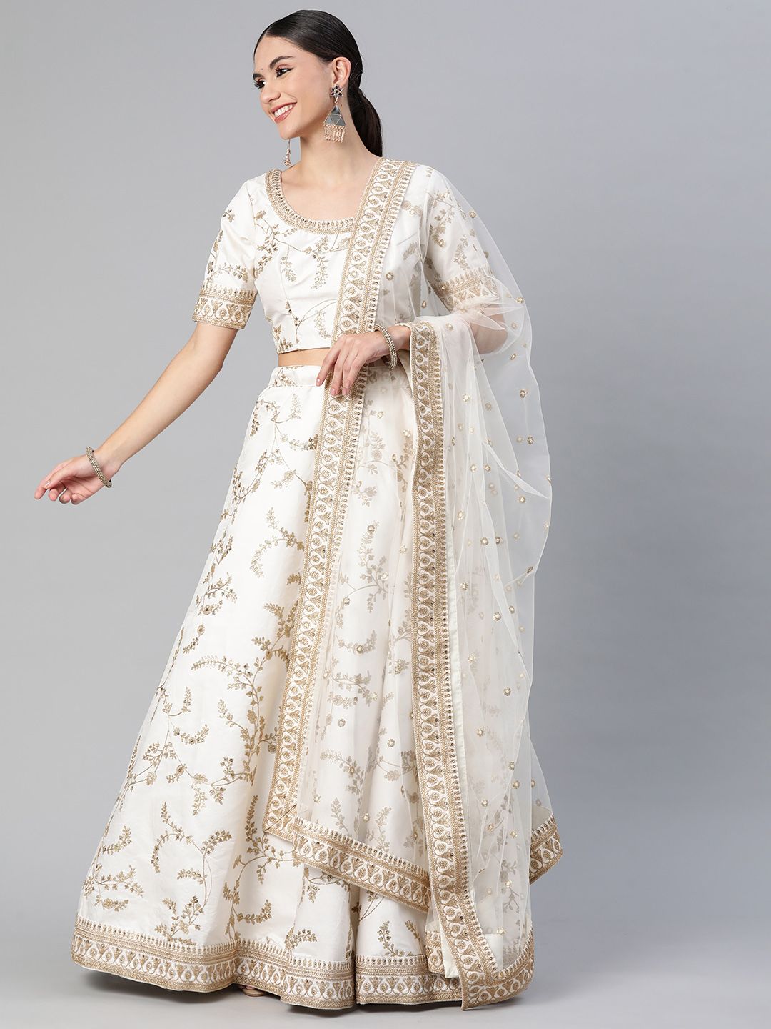 Readiprint Fashions Off-White & Golden Unstitched Lehenga & Blouse With Dupatta Price in India