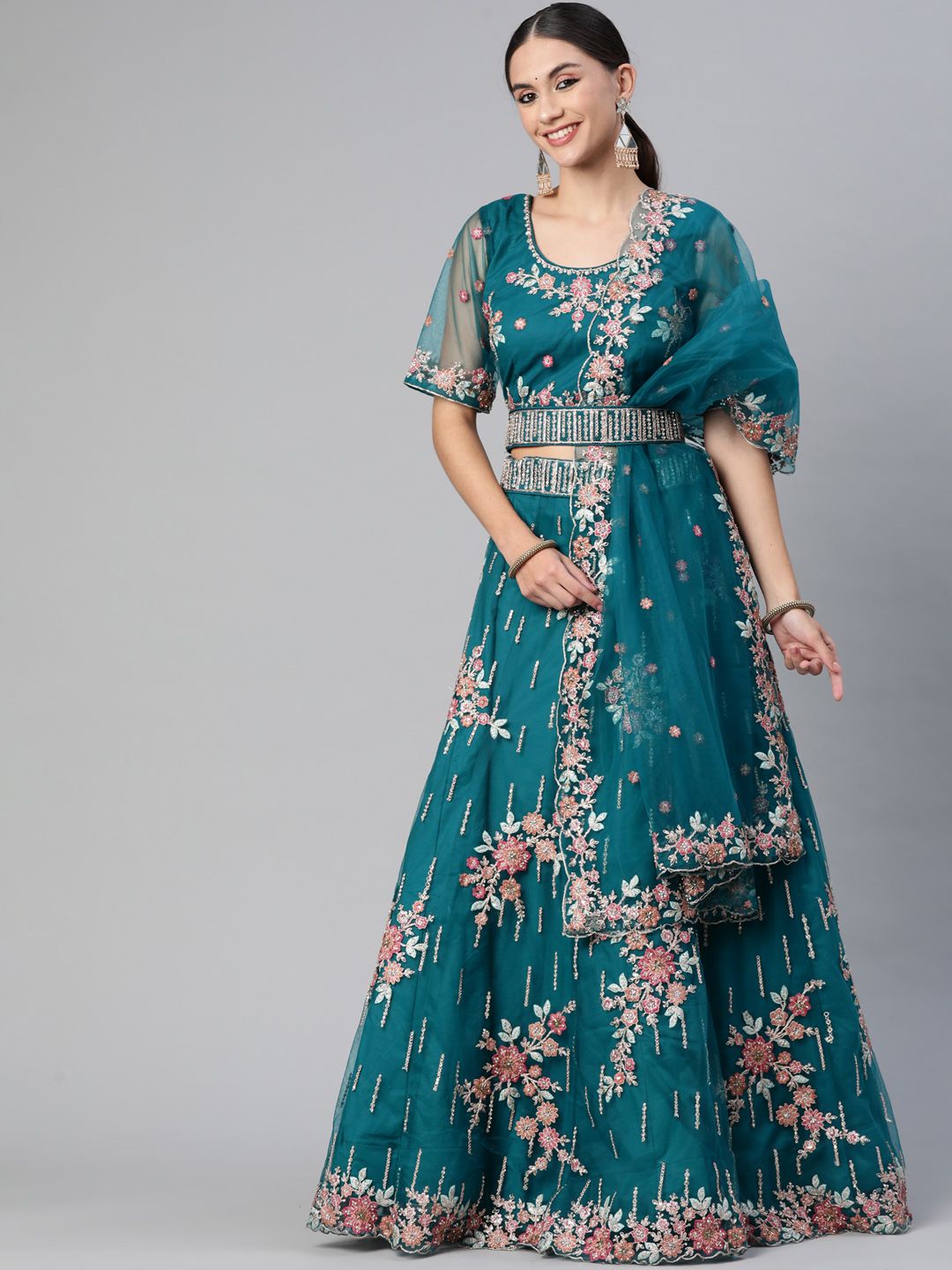 Readiprint Fashions Teal Blue & Pink Embroidered Unstitched Lehenga & Blouse With Dupatta Price in India