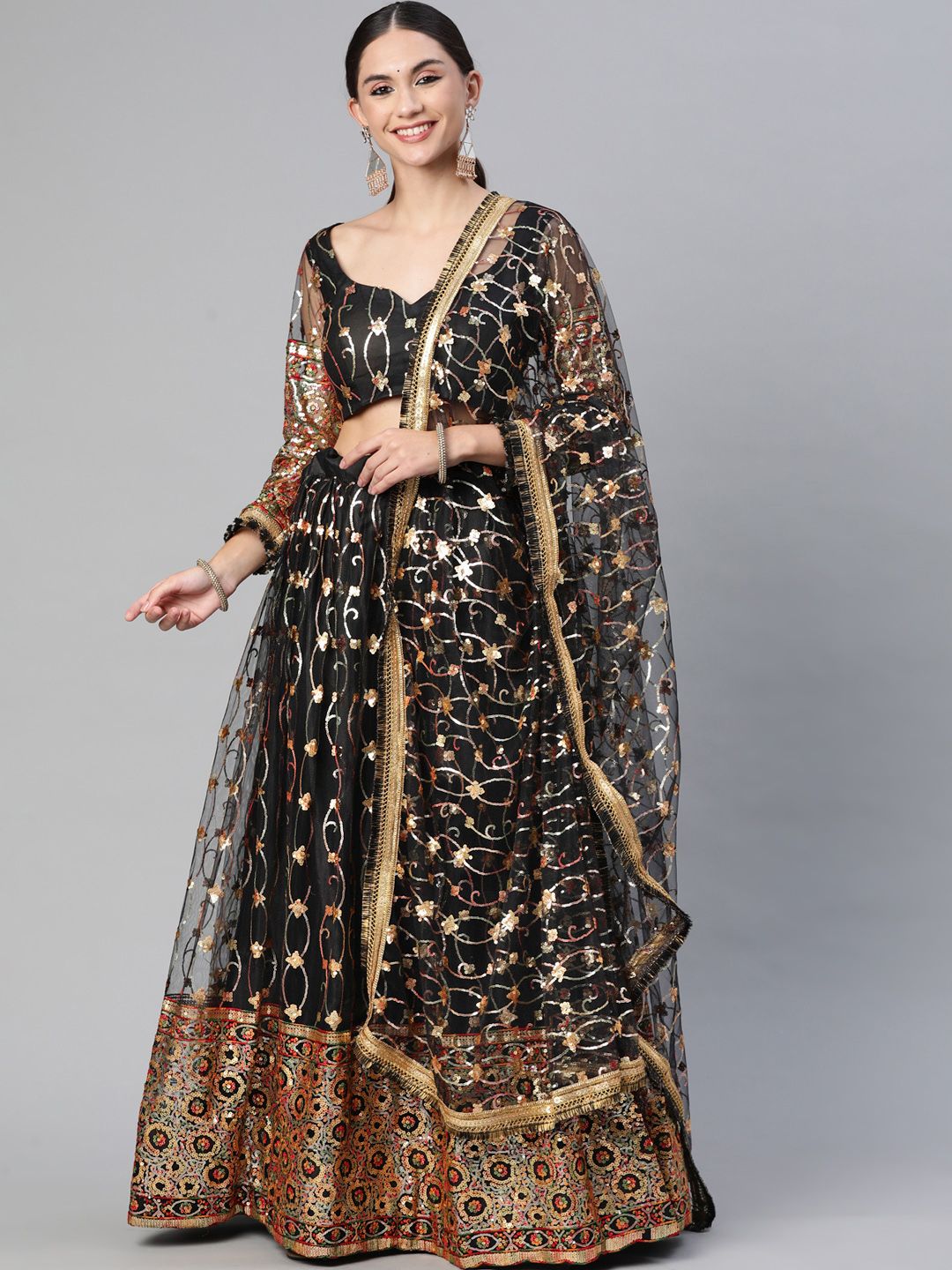 Readiprint Fashions Black & Golden Embroidered Unstitched Lehenga & Blouse With Dupatta Price in India