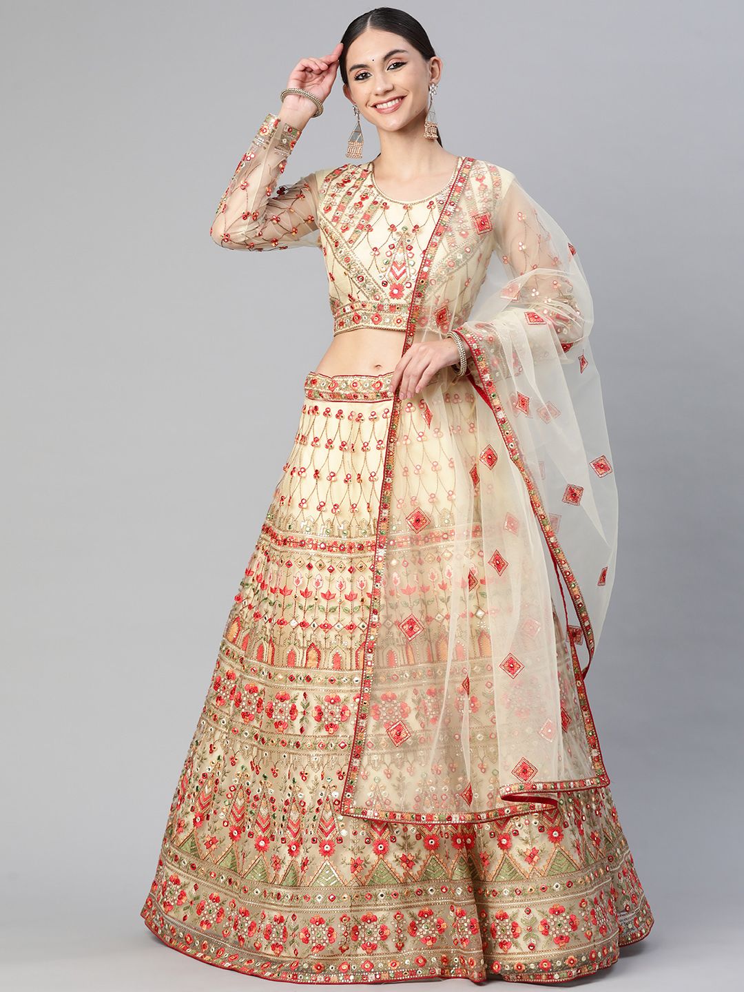 Readiprint Fashions Cream-Coloured & Red Embroidered Mirror Work Unstitched Lehenga & Blouse With Dupatta Price in India