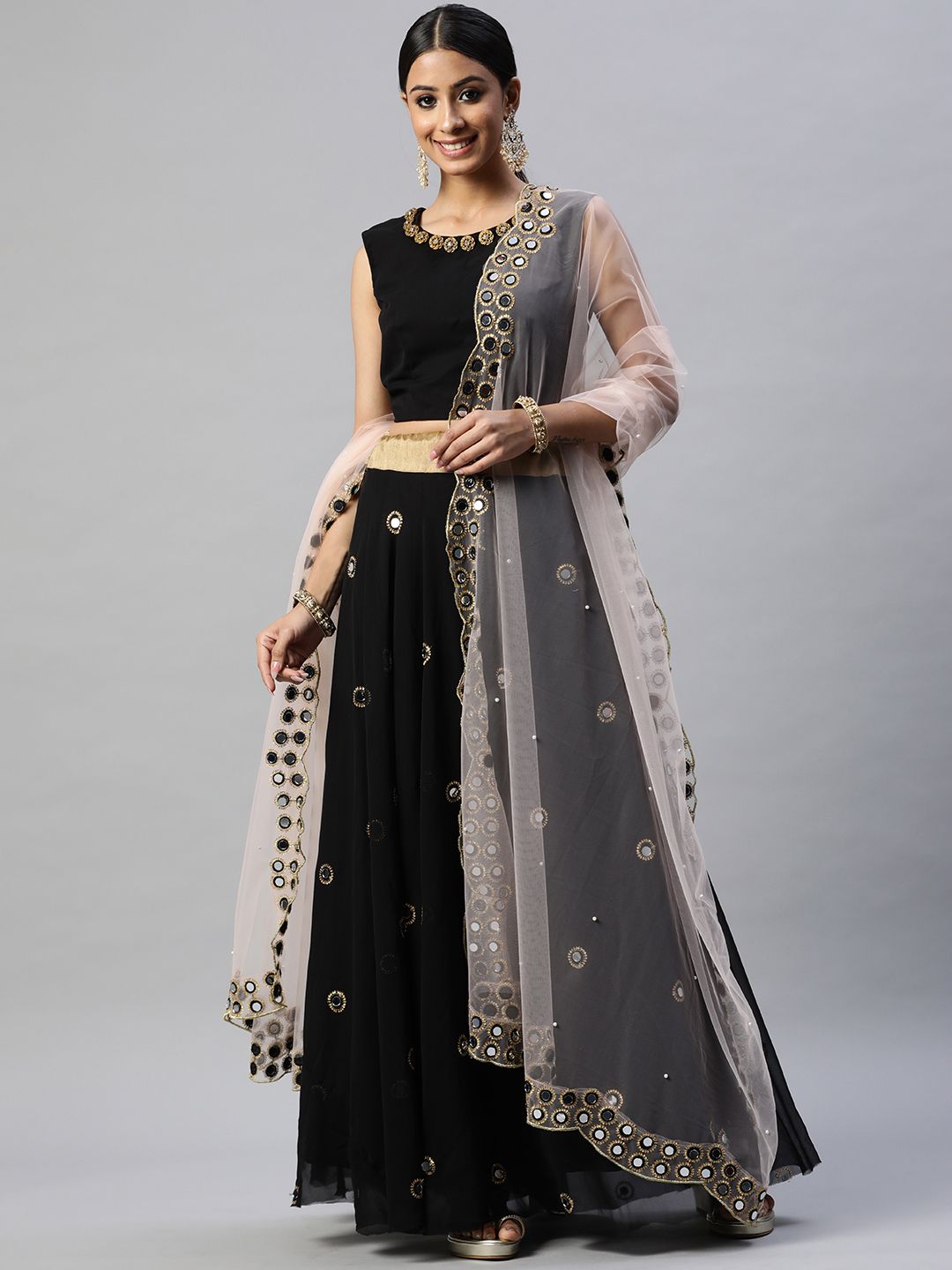 Readiprint Fashions Black & Peach-Coloured Embellished Mirror Work Unstitched Lehenga & Blouse With Dupatta Price in India