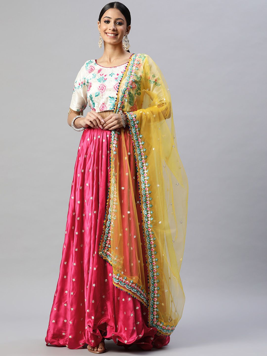 Readiprint Fashions Magenta & White Embroidered Thread Work Unstitched Lehenga & Blouse With Dupatta Price in India