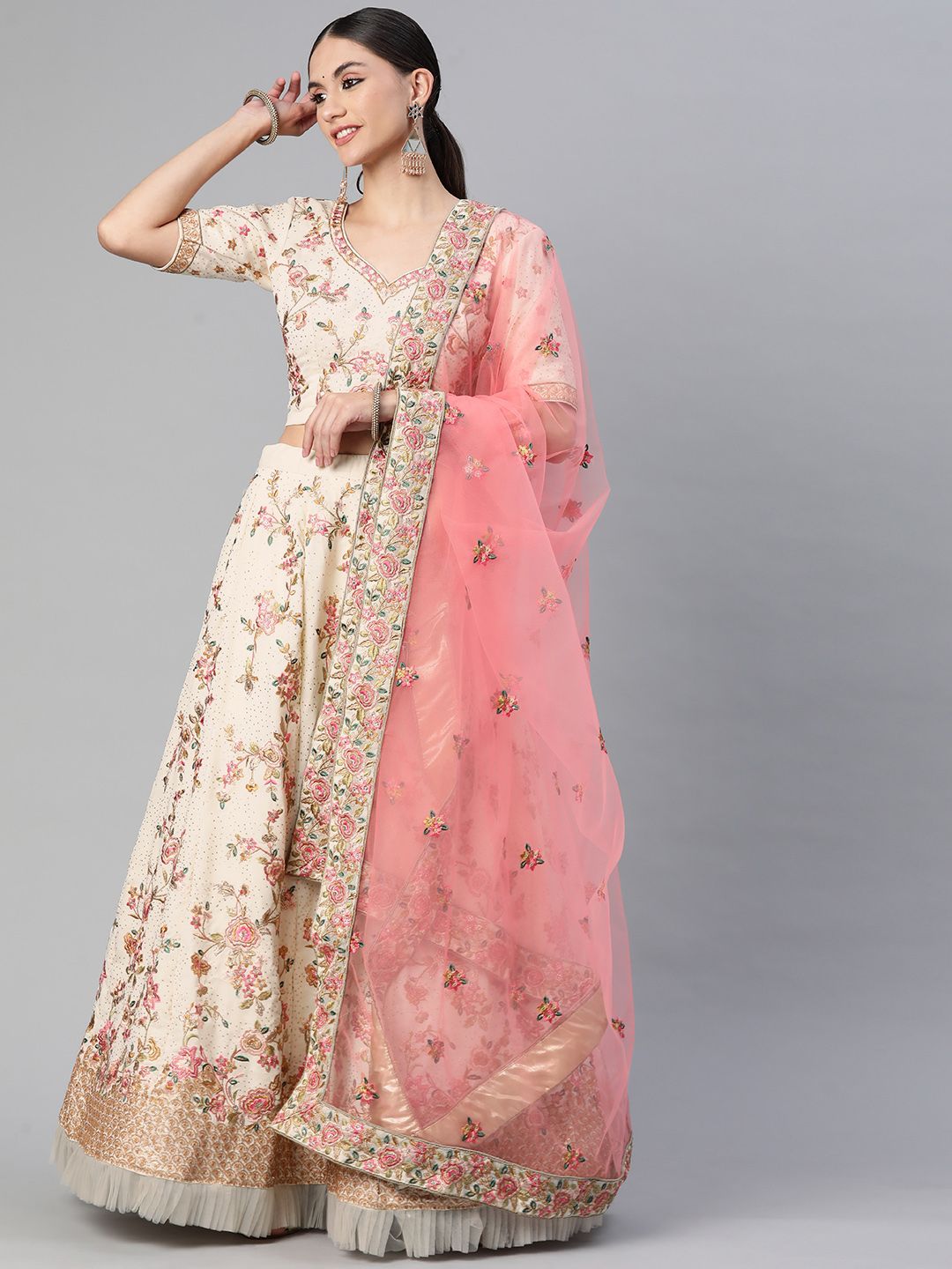 Readiprint Fashions Off-White & Peach-Coloured Unstitched Lehenga & Blouse With Dupatta Price in India