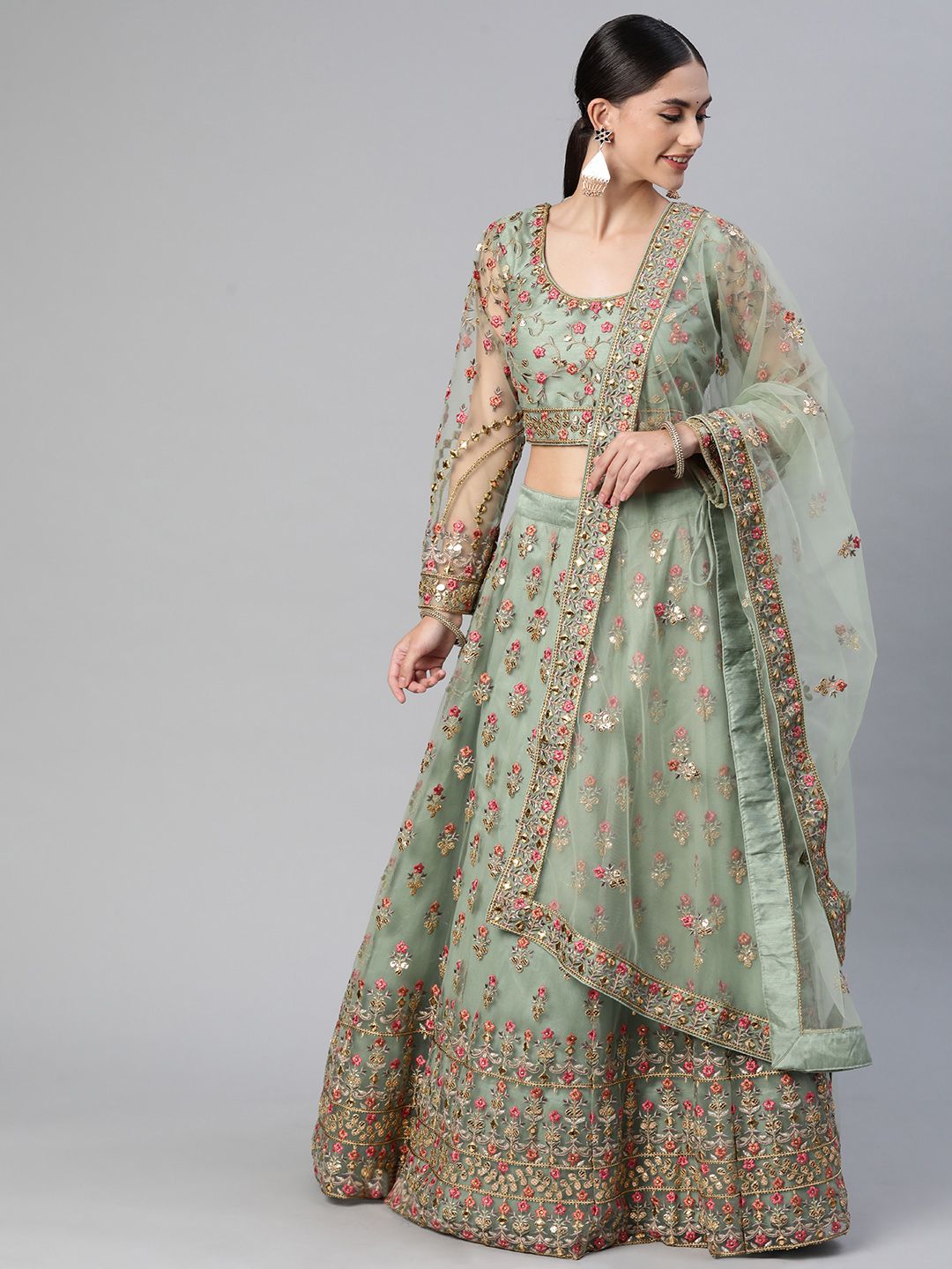 Readiprint Fashions Mint Green & Golden Embroidered Mirror Work Unstitched Lehenga Set Price in India