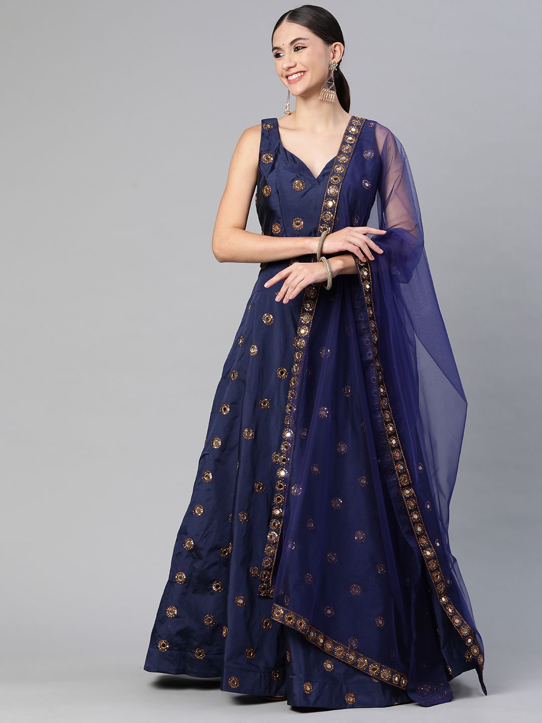 Readiprint Fashions Navy Blue & Golden Mirror Work Unstitched Lehenga & Blouse & Dupatta Price in India