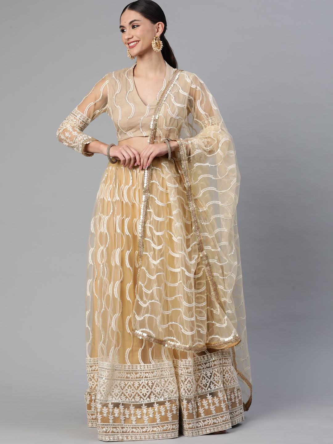 Readiprint Fashions Beige & White Embroidered Sequinned Unstitched Lehenga & Blouse With Dupatta Price in India