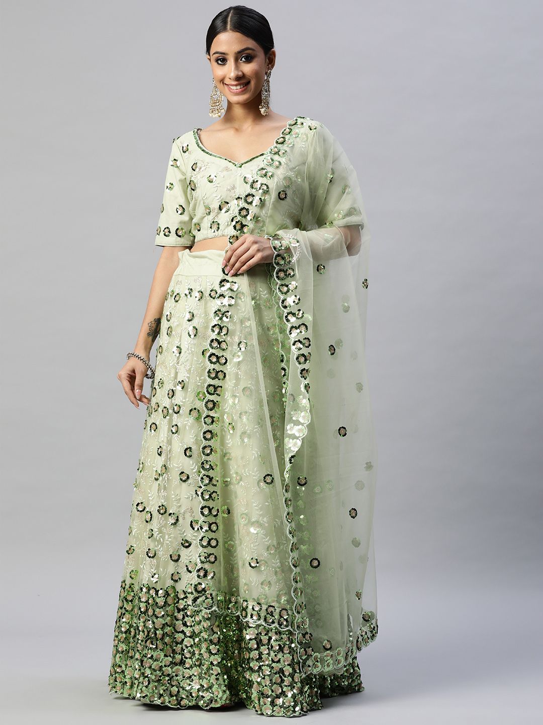 Readiprint Fashions Green Embroidered Sequinned Unstitched Lehenga & Blouse With Dupatta Price in India