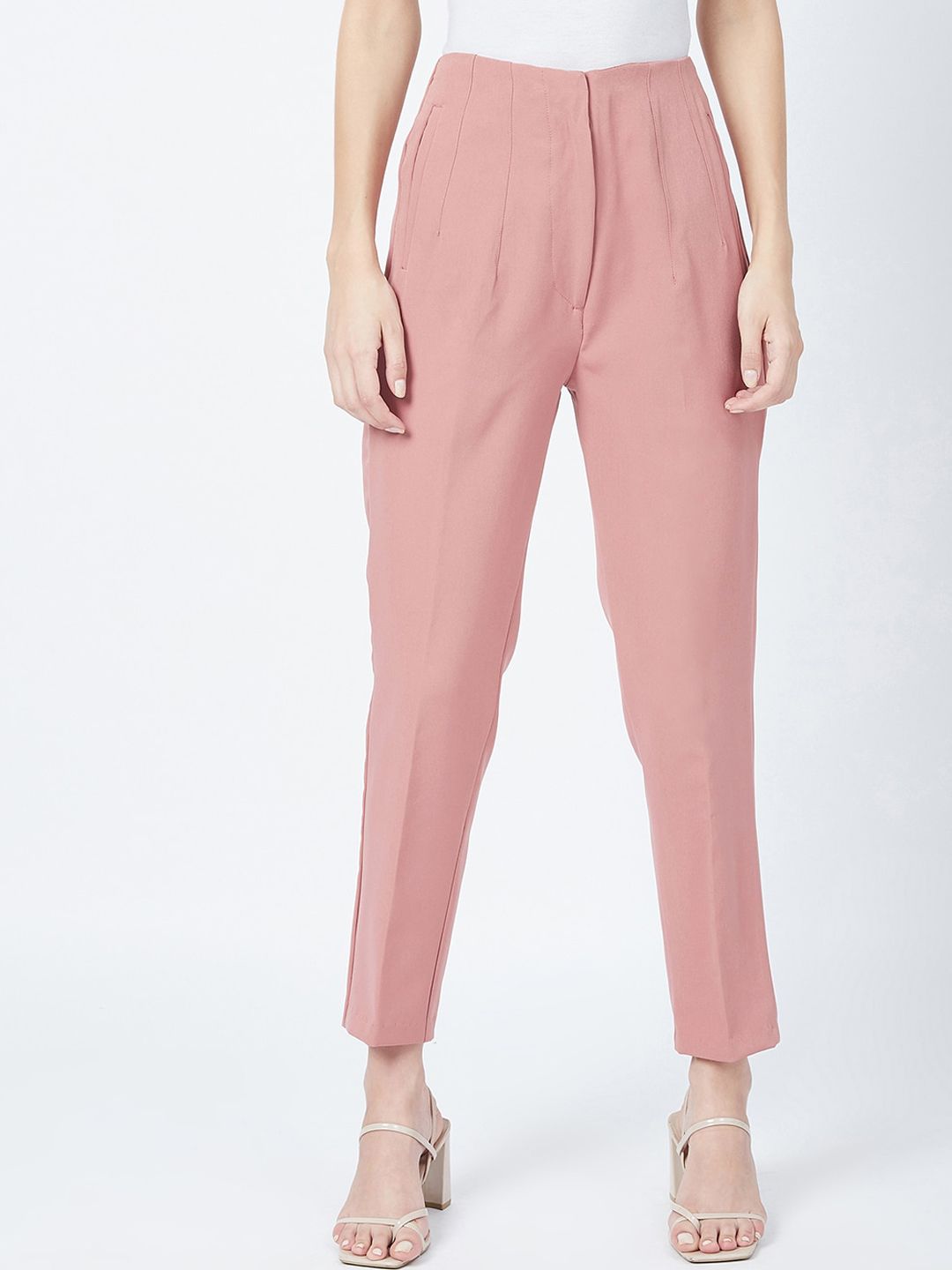 DELAN Women Peach-Coloured Relaxed Slim Fit High-Rise Easy Wash Pleated Trousers Price in India