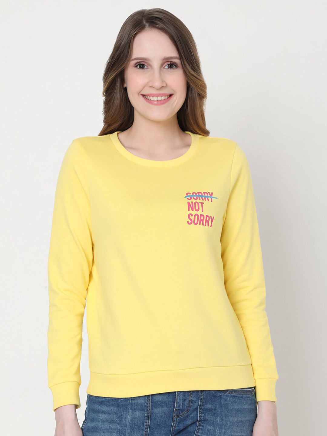 Vero Moda Women Yellow Printed Cotton Sweatshirt Price in India