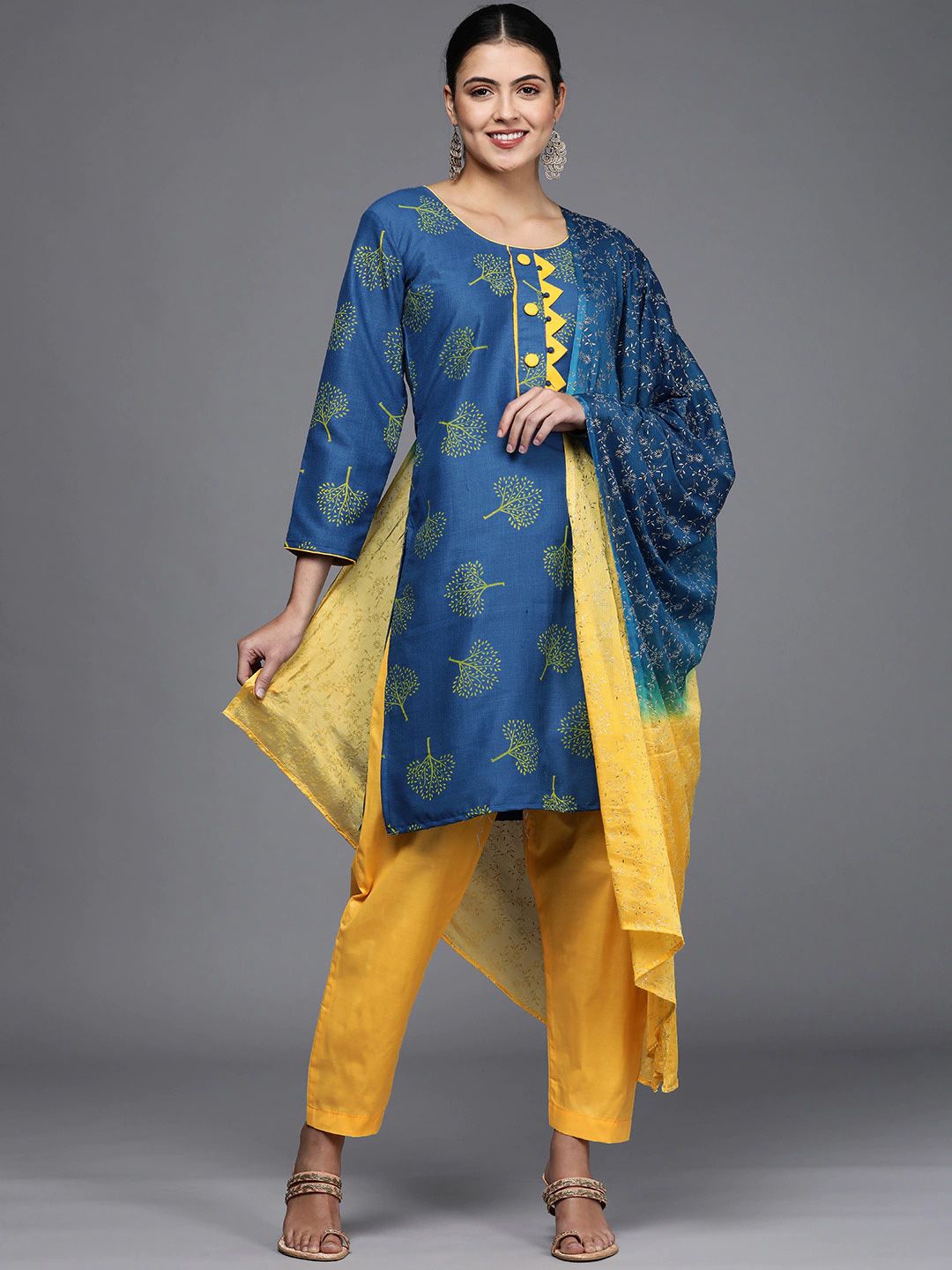 KALINI Blue & Yellow Printed Unstitched Dress Material Price in India