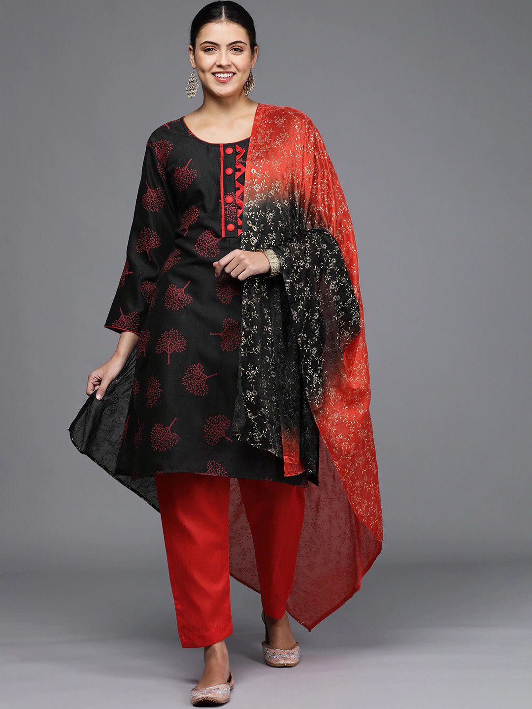 KALINI Black & Red Printed Unstitched Dress Material Price in India